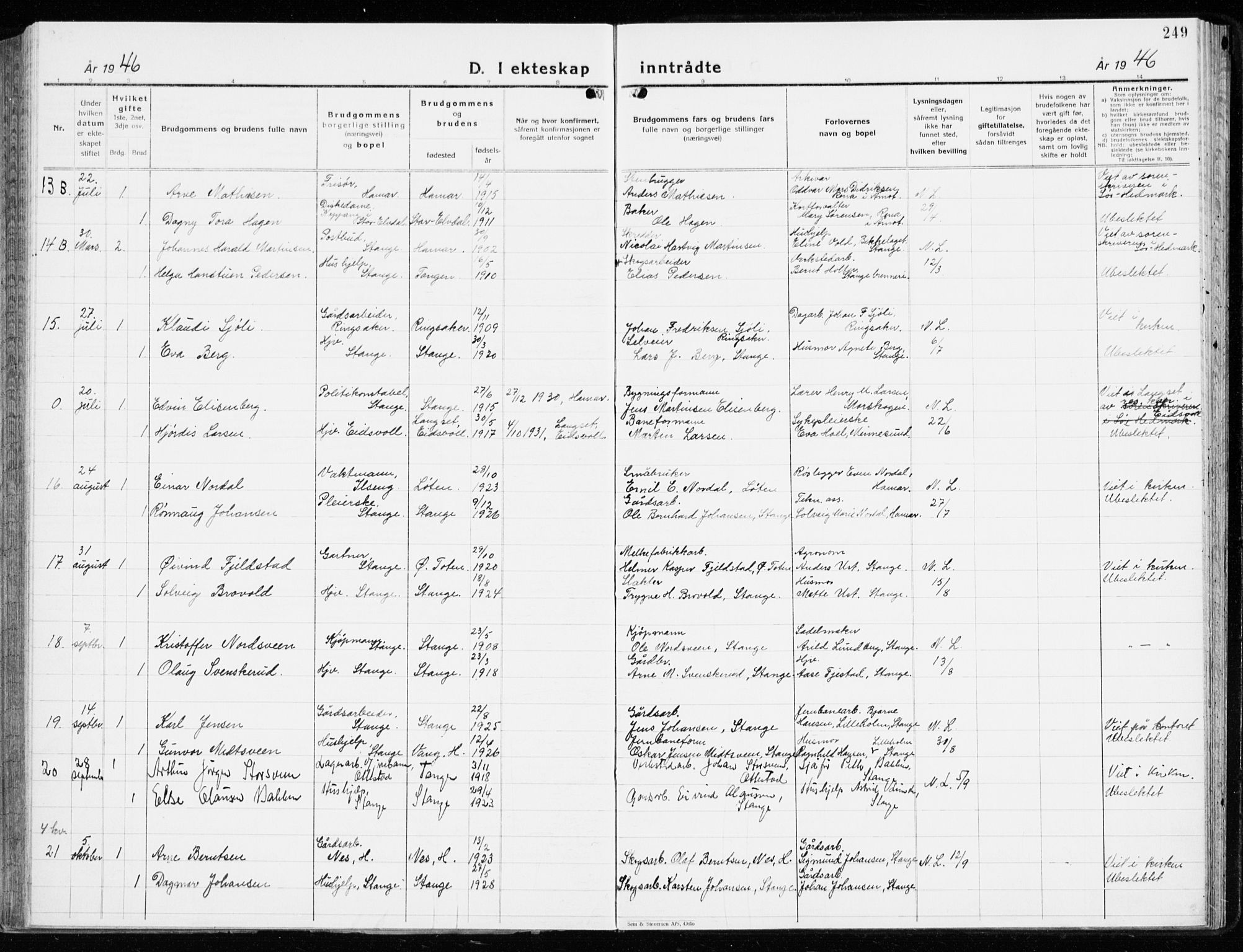 Stange prestekontor, AV/SAH-PREST-002/K/L0027: Parish register (official) no. 27, 1937-1947, p. 249