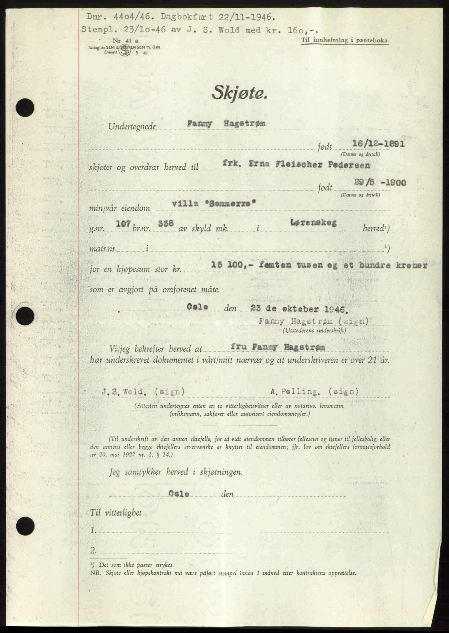 Nedre Romerike sorenskriveri, AV/SAO-A-10469/G/Gb/Gbd/L0017: Mortgage book no. 17, 1946-1946, Diary no: : 4404/1946