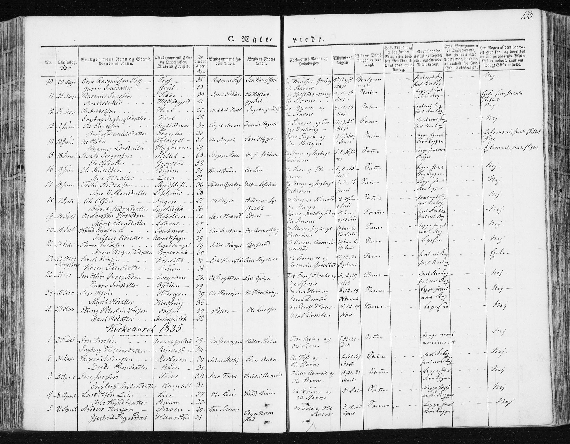 Ministerialprotokoller, klokkerbøker og fødselsregistre - Sør-Trøndelag, SAT/A-1456/672/L0855: Parish register (official) no. 672A07, 1829-1860, p. 153
