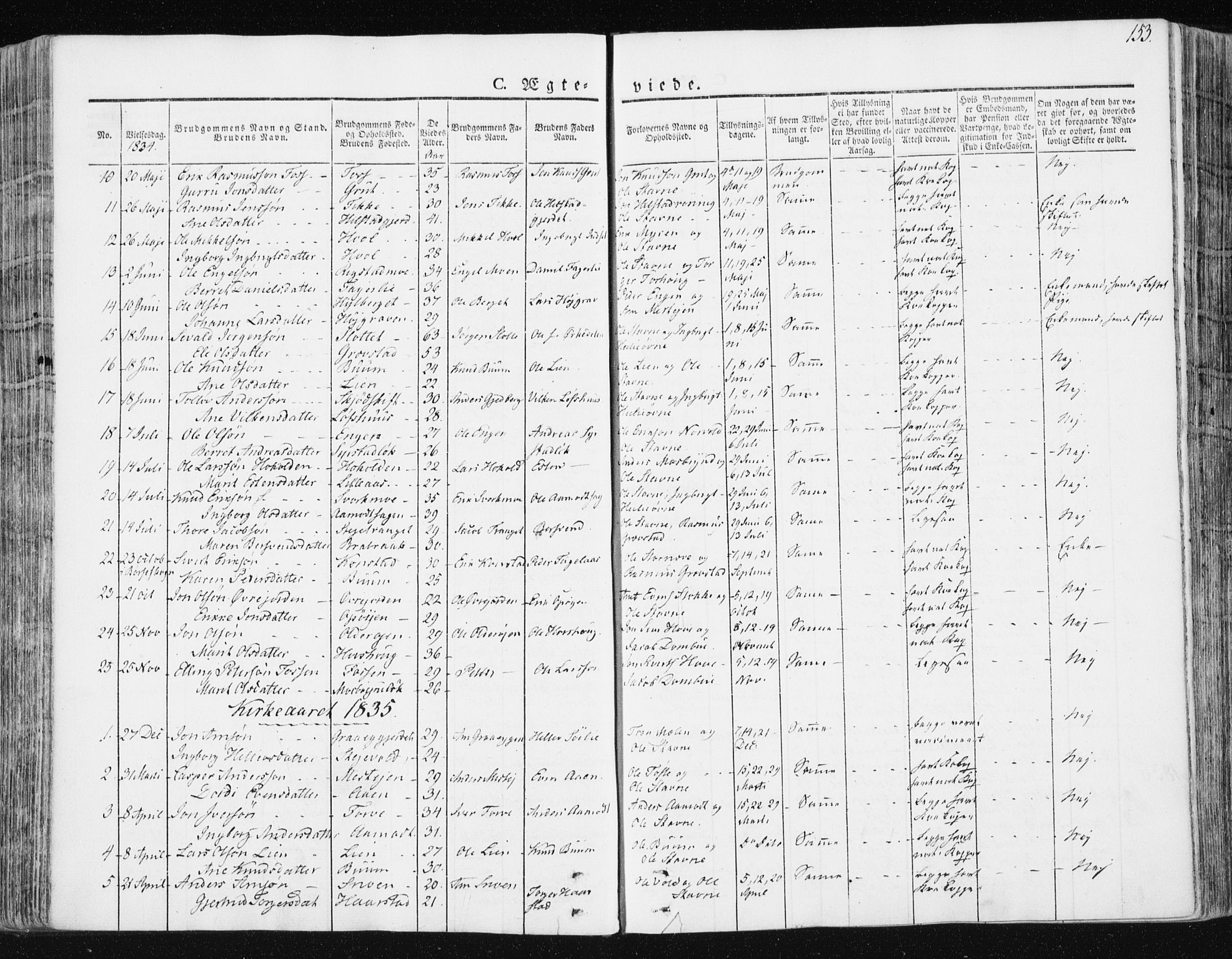 Ministerialprotokoller, klokkerbøker og fødselsregistre - Sør-Trøndelag, AV/SAT-A-1456/672/L0855: Parish register (official) no. 672A07, 1829-1860, p. 153