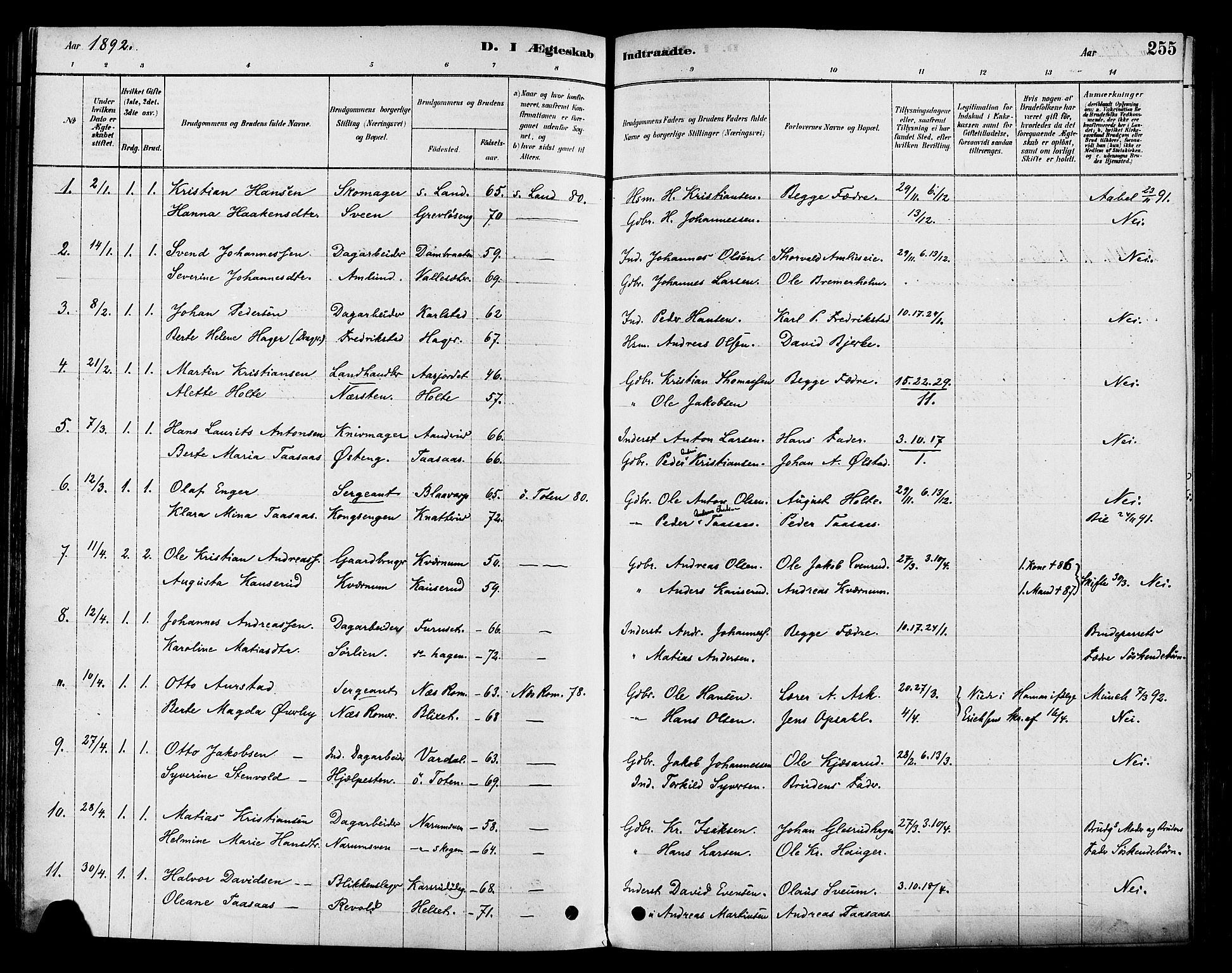 Vestre Toten prestekontor, AV/SAH-PREST-108/H/Ha/Haa/L0009: Parish register (official) no. 9, 1878-1894, p. 255