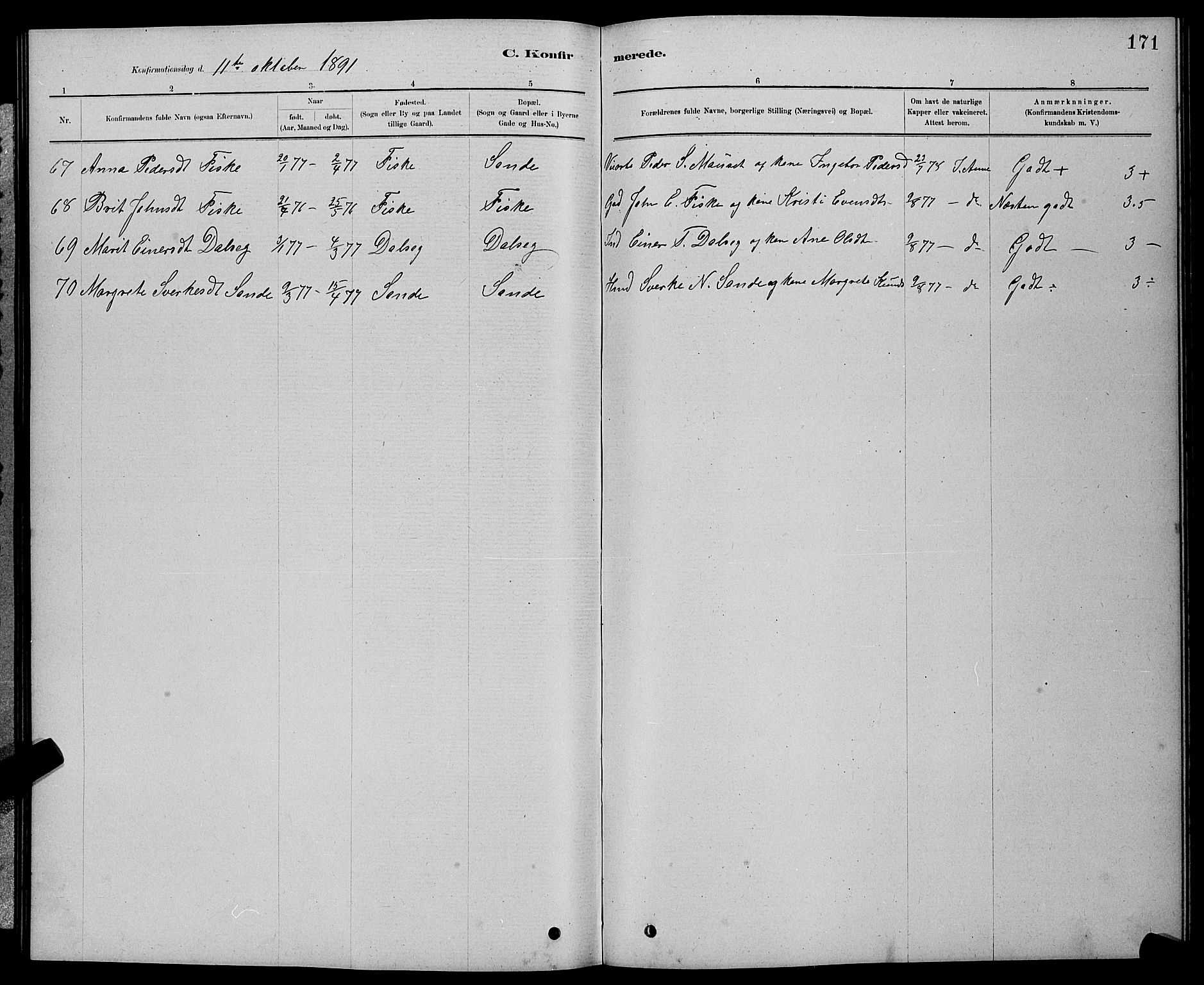 Ministerialprotokoller, klokkerbøker og fødselsregistre - Møre og Romsdal, AV/SAT-A-1454/598/L1077: Parish register (copy) no. 598C02, 1879-1891, p. 171