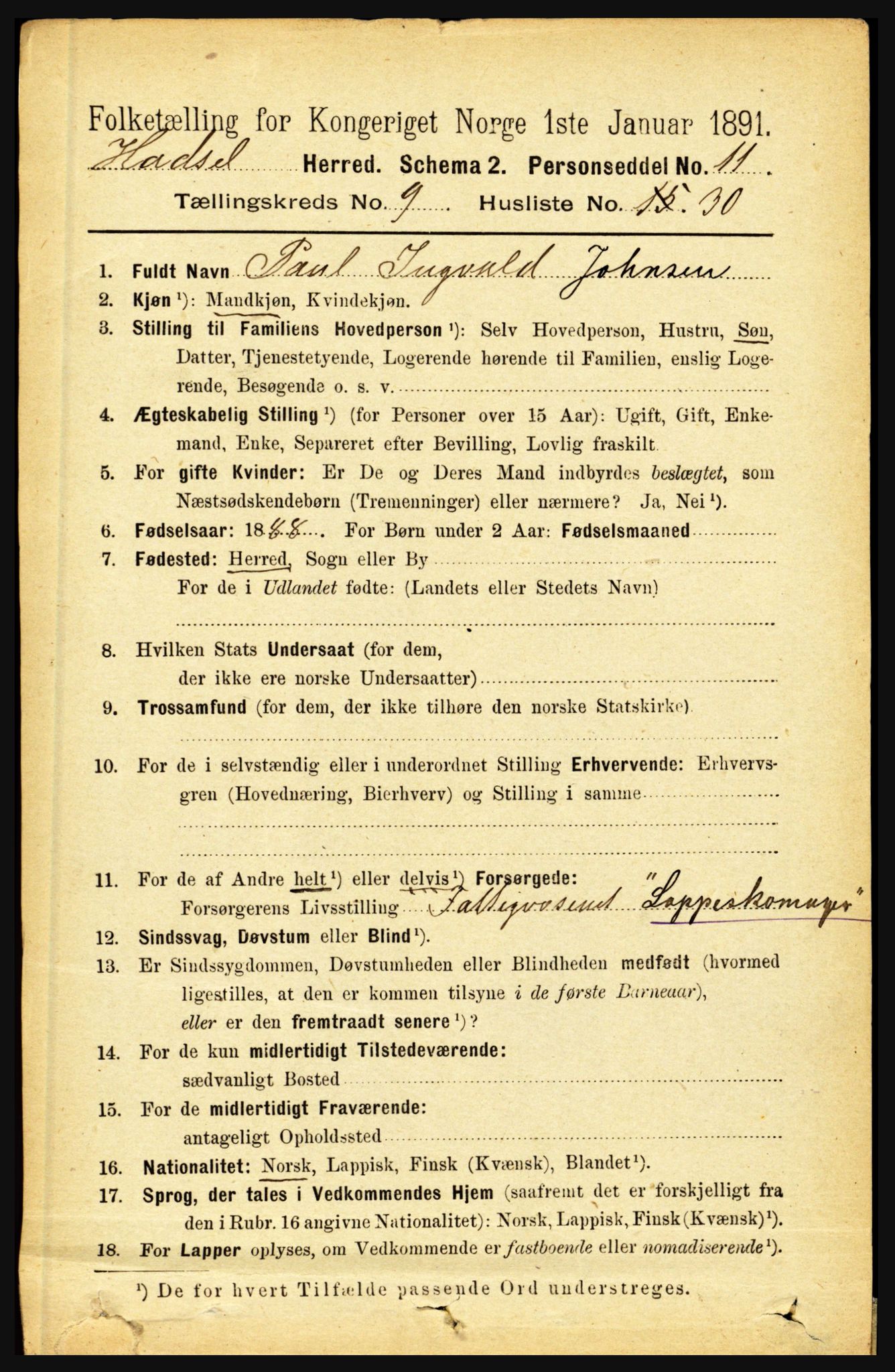 RA, 1891 census for 1866 Hadsel, 1891, p. 4130