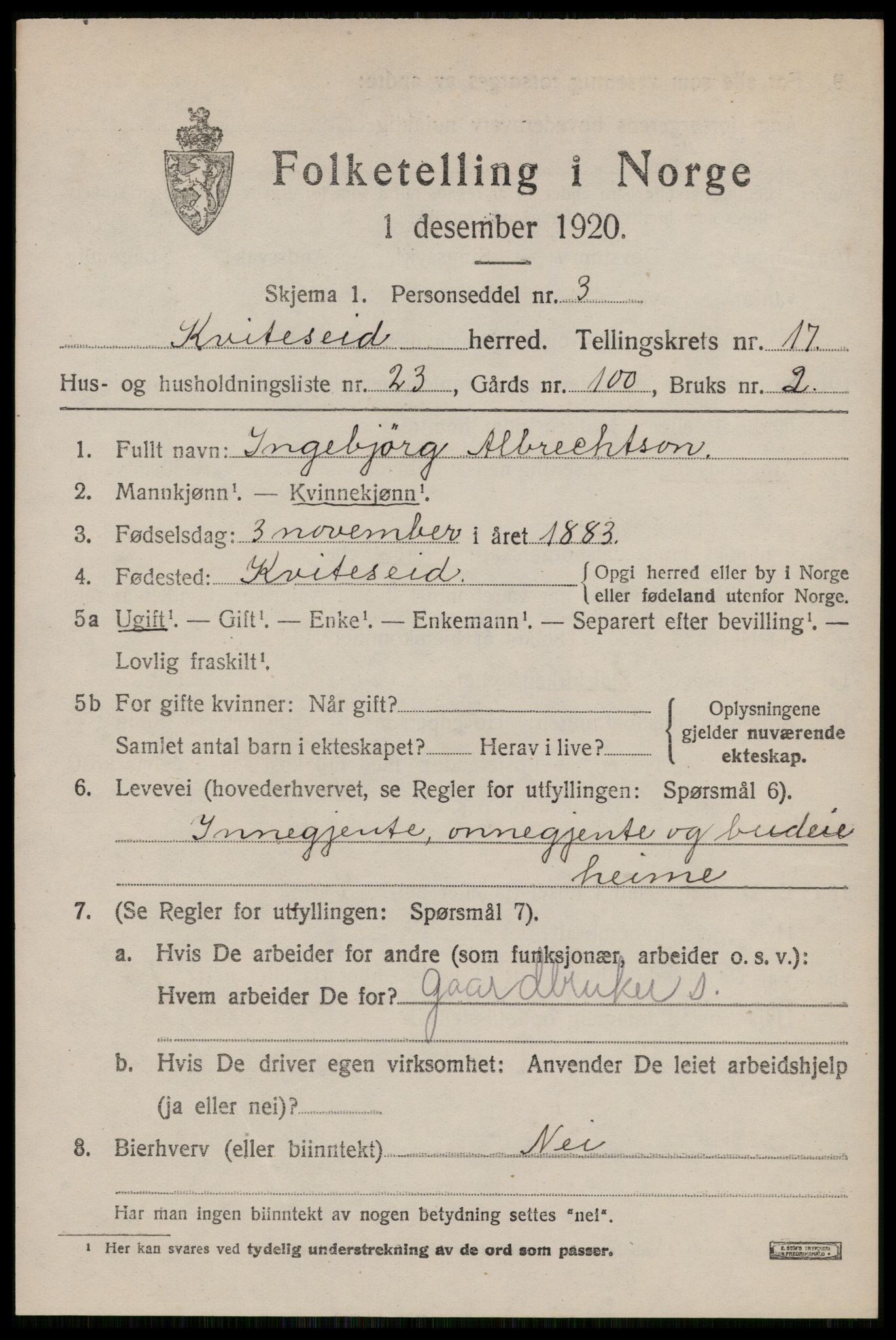 SAKO, 1920 census for Kviteseid, 1920, p. 7955