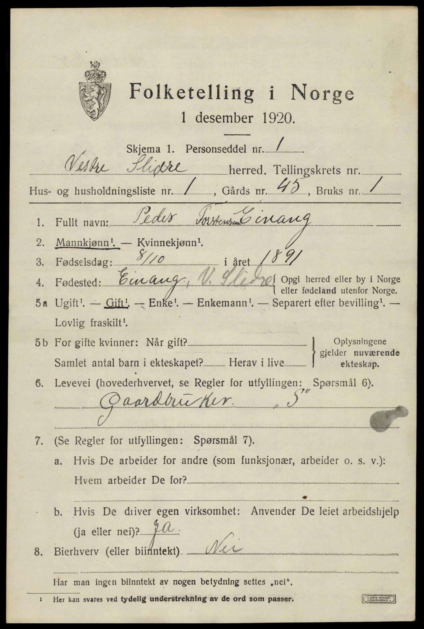 SAH, 1920 census for Vestre Slidre, 1920, p. 2626