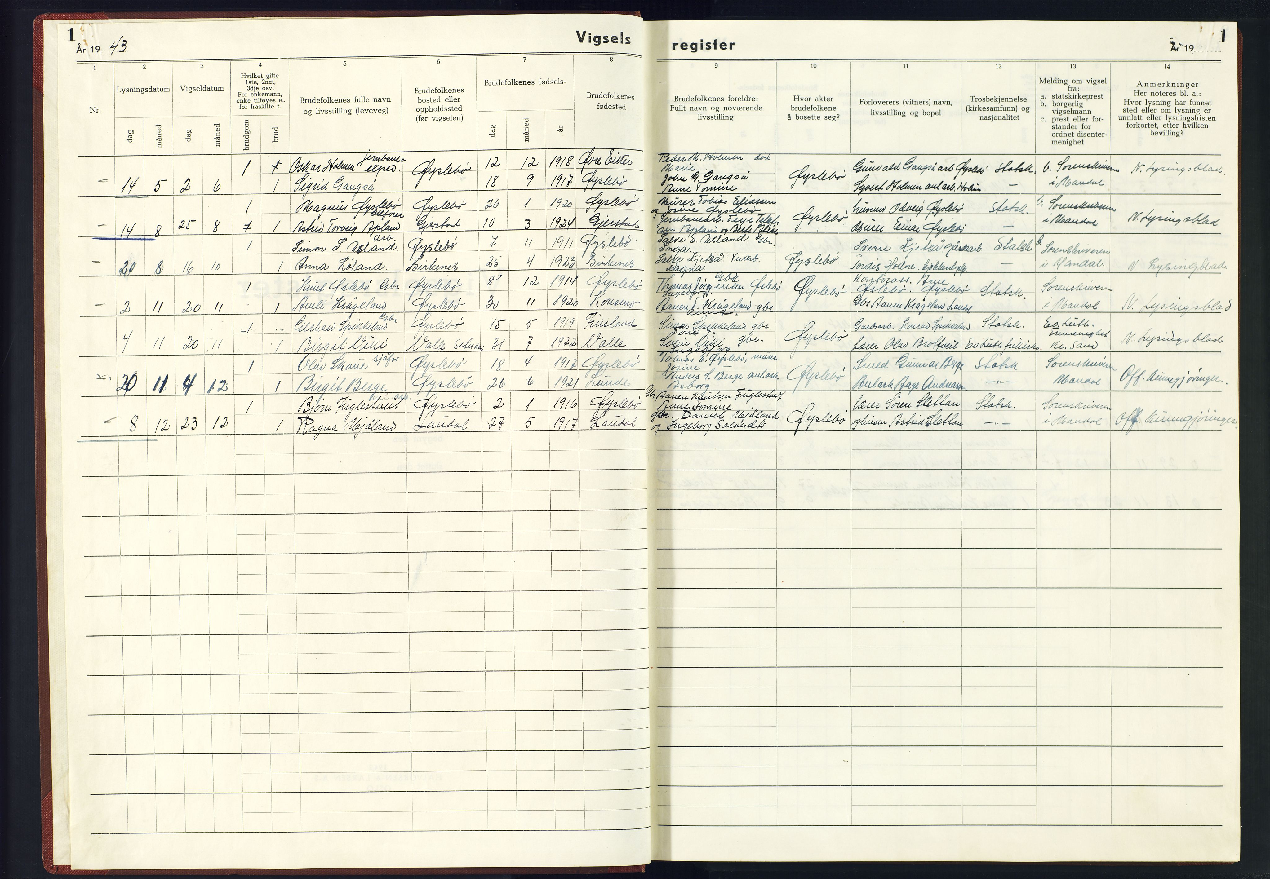 Holum sokneprestkontor, SAK/1111-0022/J/Jb/L0006: Marriage register no. II.6.6, 1943-1945, p. 1
