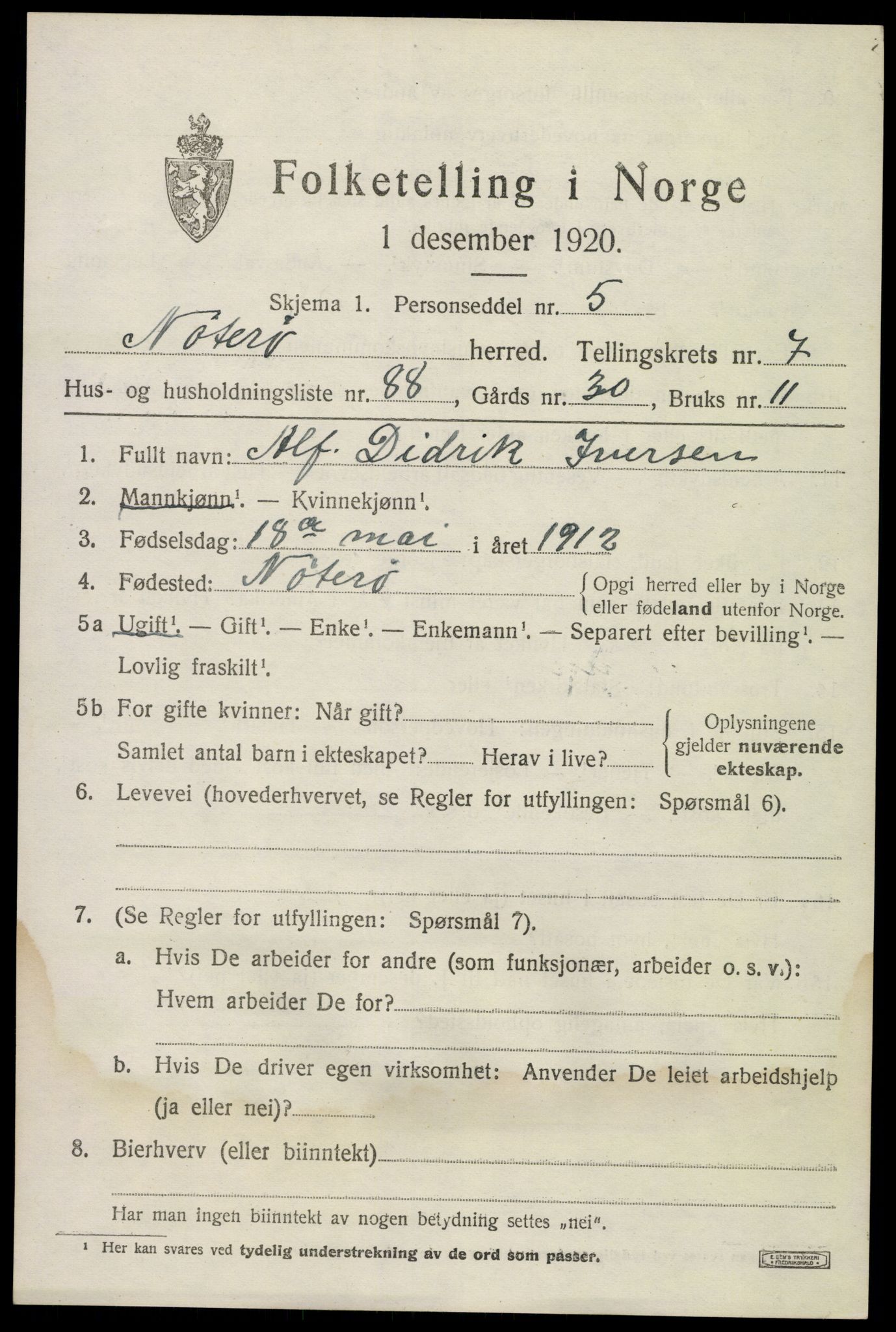 SAKO, 1920 census for Nøtterøy, 1920, p. 10381