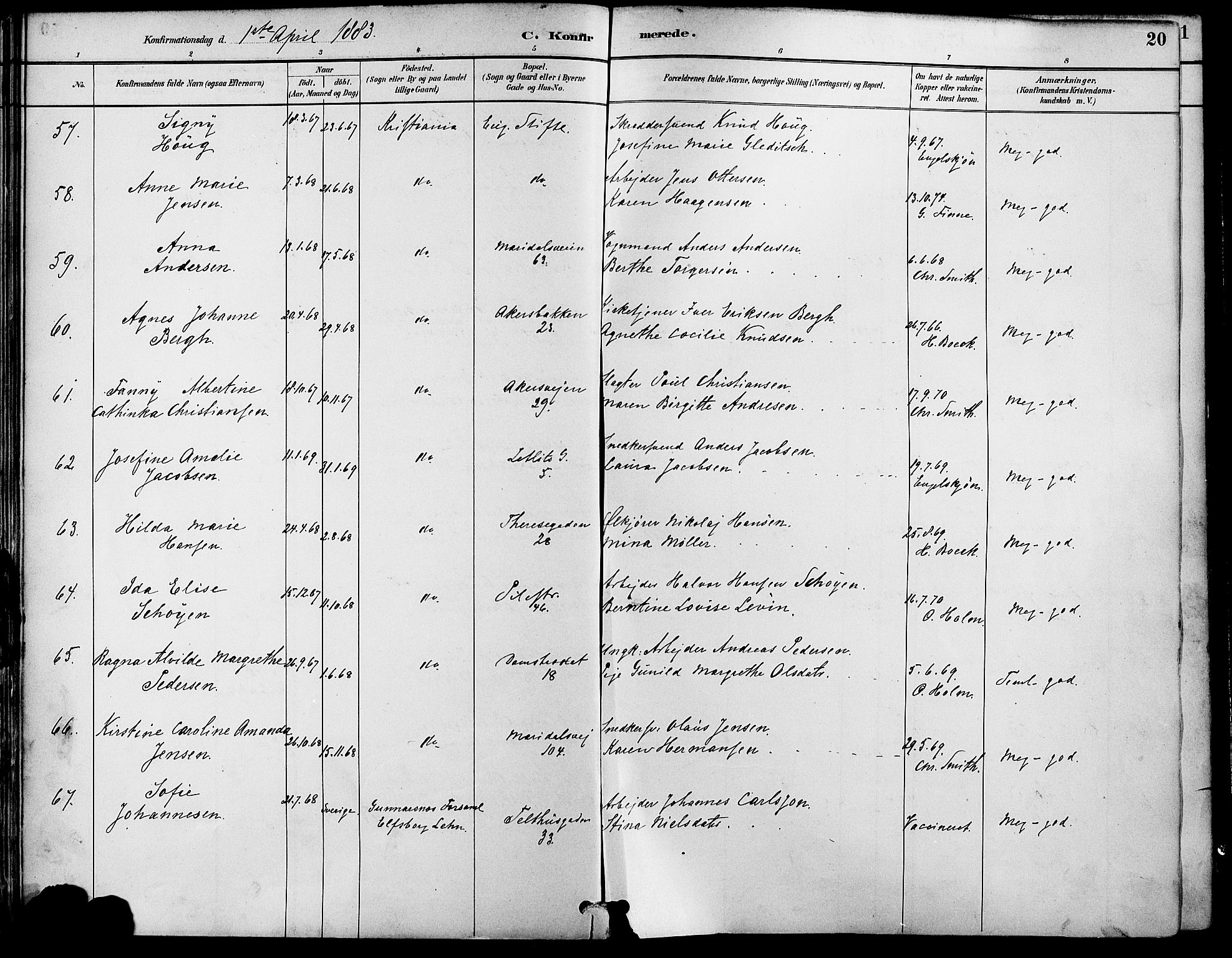 Gamle Aker prestekontor Kirkebøker, AV/SAO-A-10617a/F/L0007: Parish register (official) no. 7, 1882-1890, p. 20