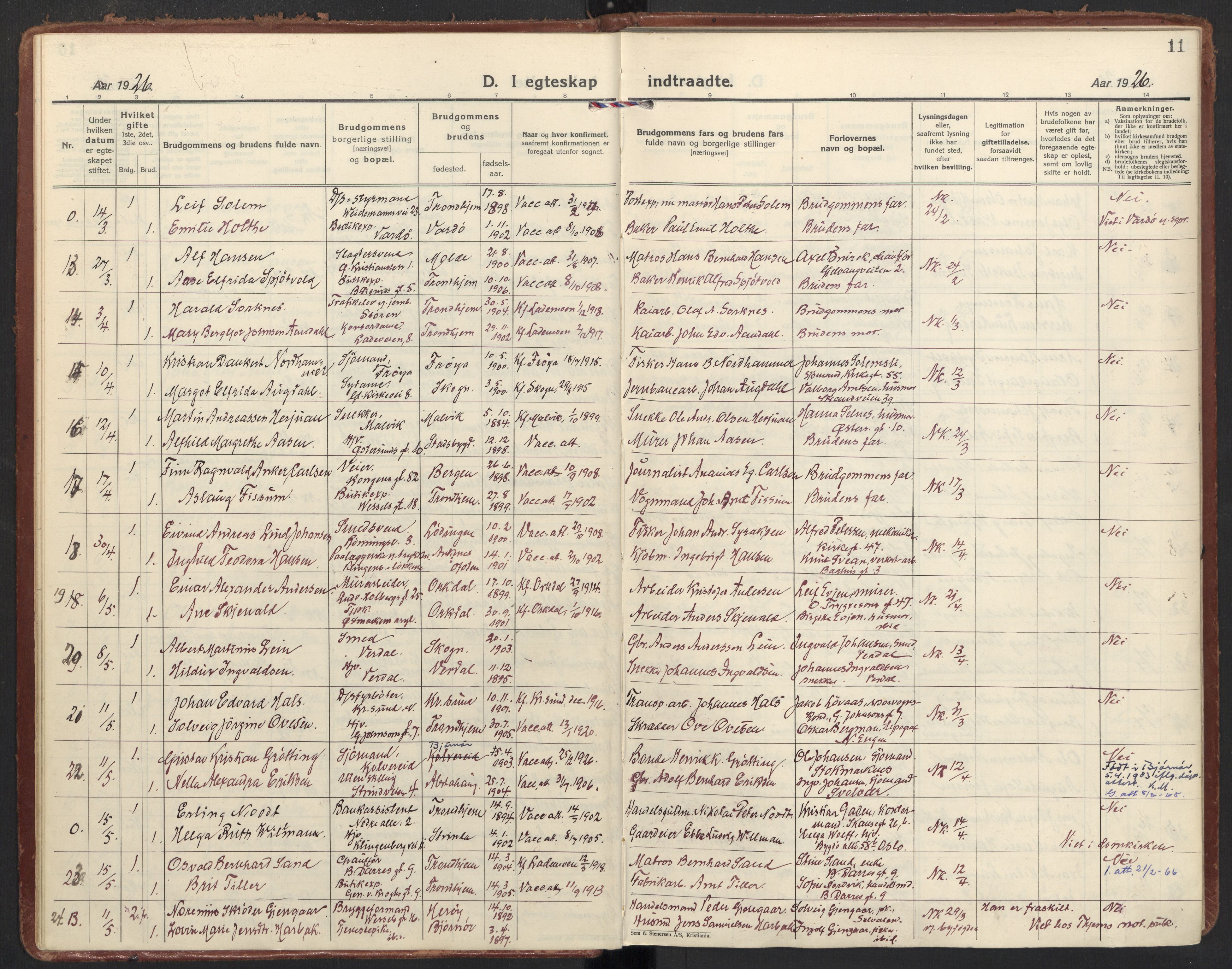 Ministerialprotokoller, klokkerbøker og fødselsregistre - Sør-Trøndelag, AV/SAT-A-1456/605/L0249: Parish register (official) no. 605A11, 1925-1936, p. 11