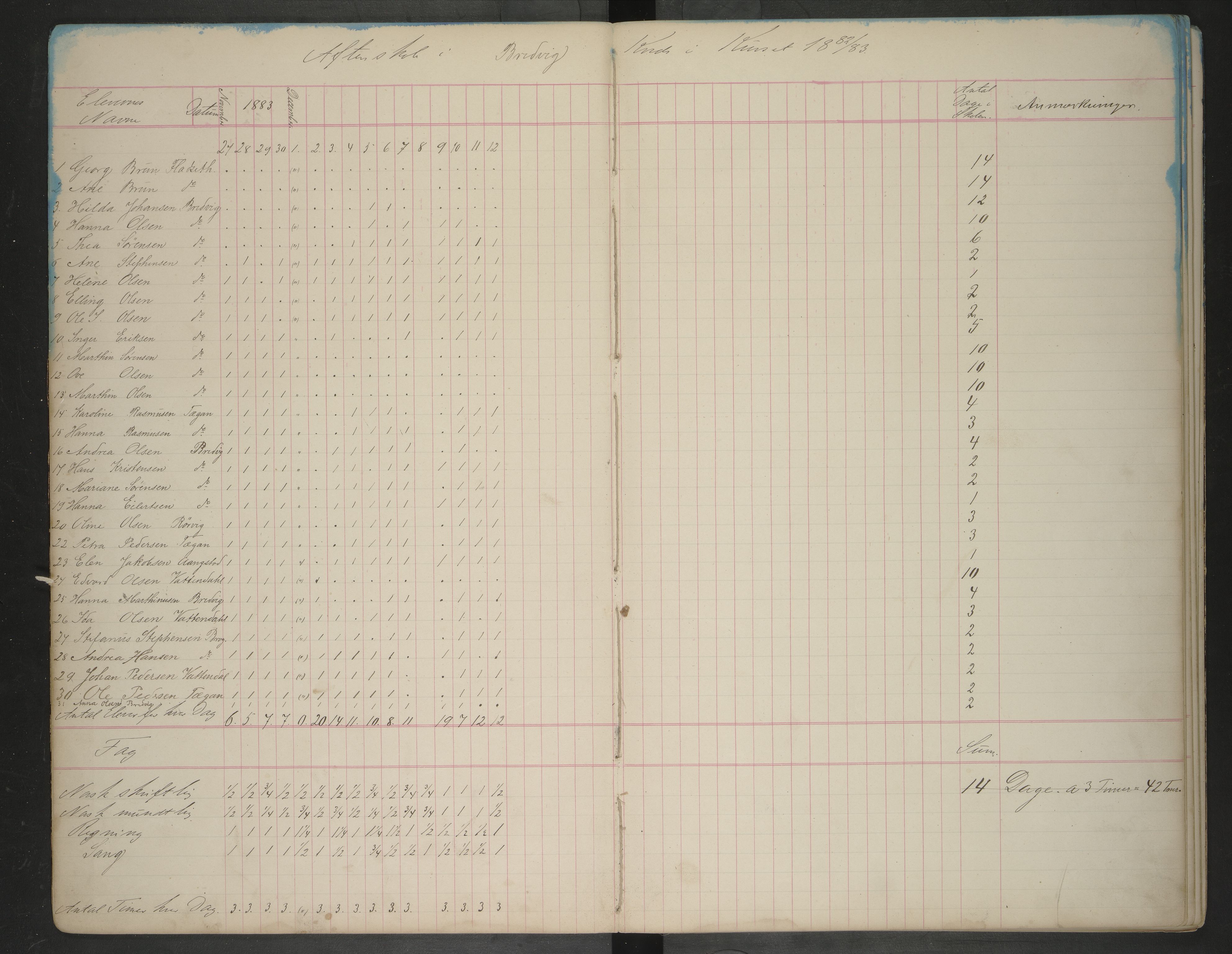 Hadsel kommune. Ymse skolekretser , AIN/K-18660.510.57/F/Ff/L0001: Aftenskoleprotokoll: Breivik, Holmsnes, Ongstad, Sandnes, Hov, , 1882-1917