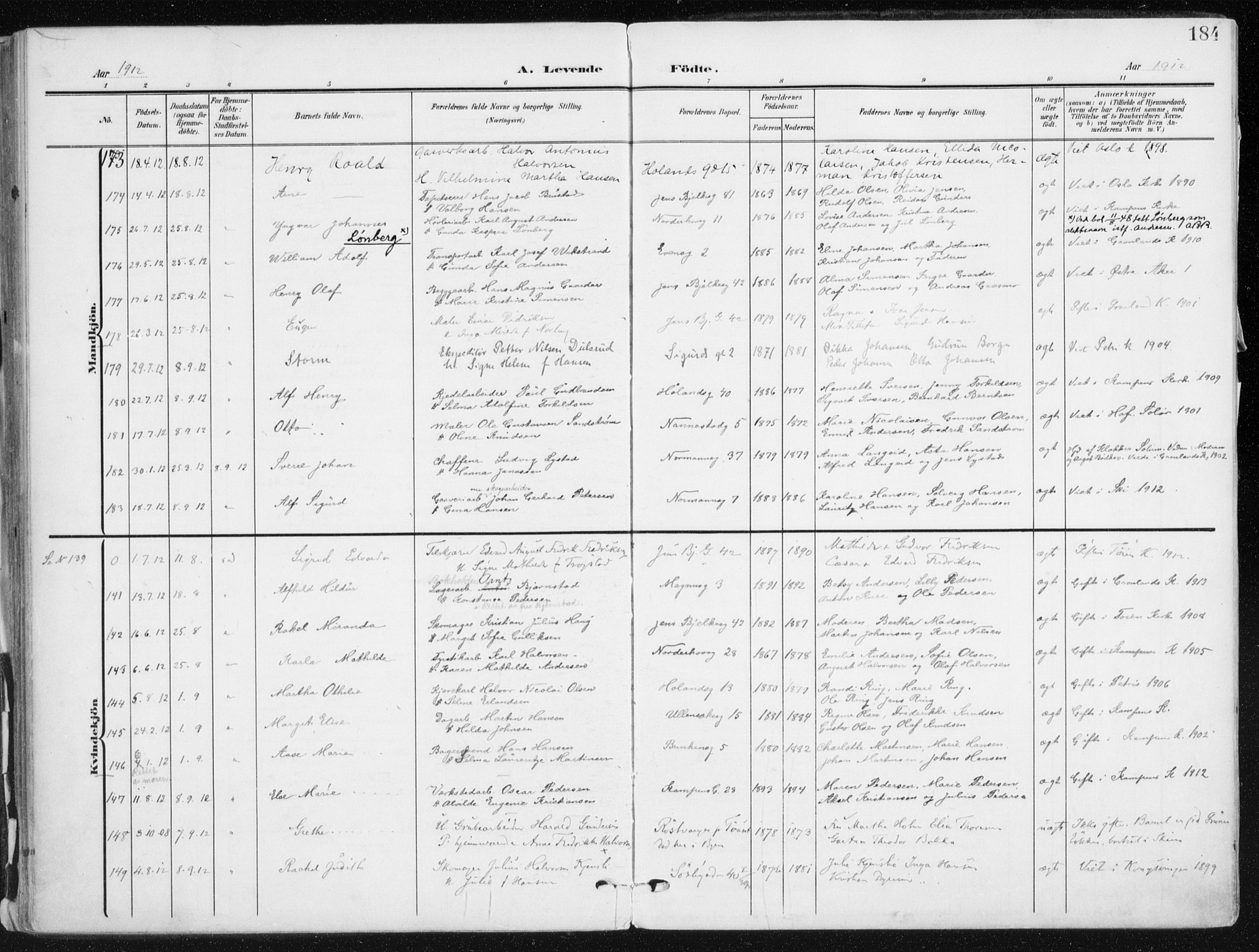 Kampen prestekontor Kirkebøker, SAO/A-10853/F/Fa/L0010: Parish register (official) no. I 10, 1905-1917, p. 184