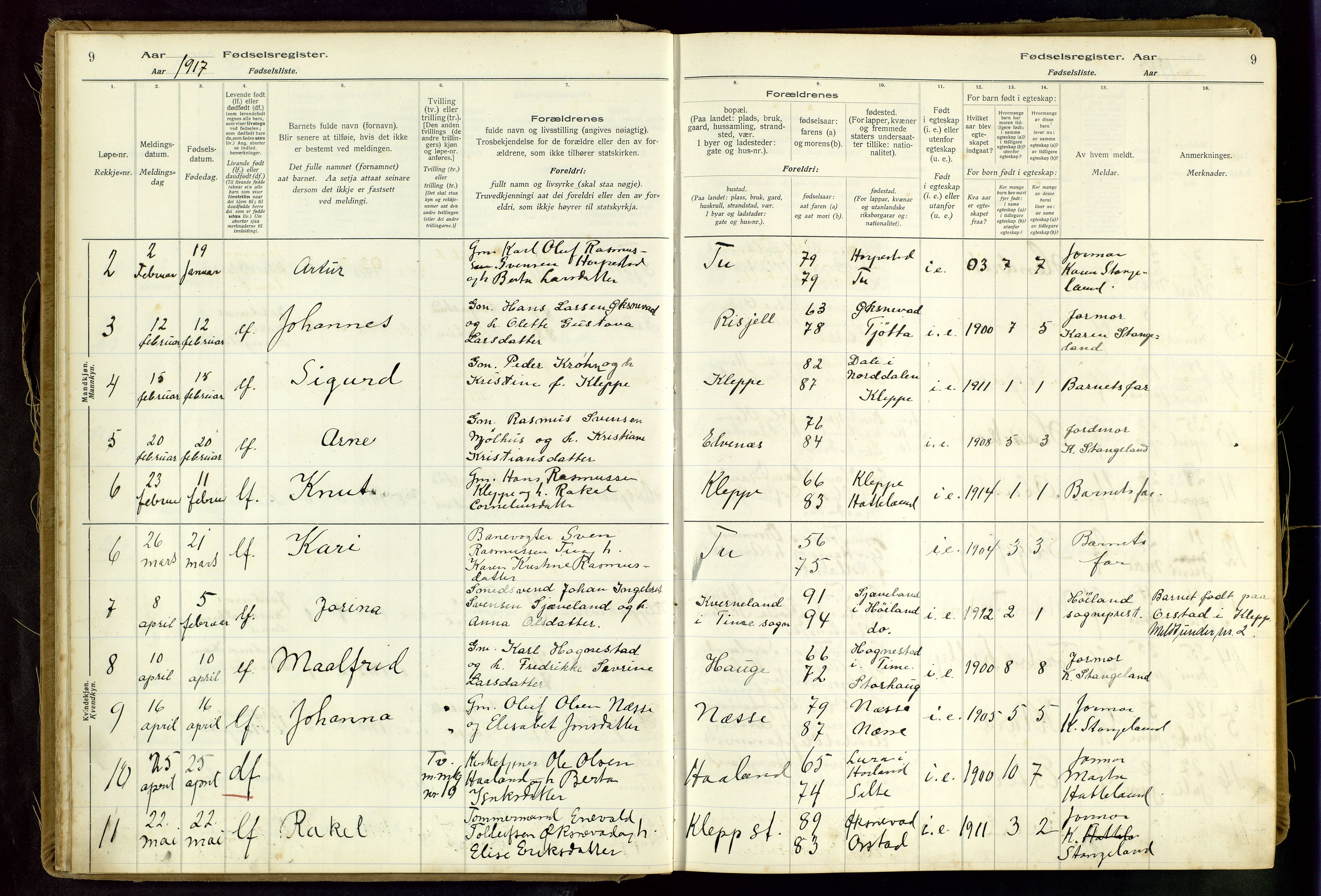 Klepp sokneprestkontor, AV/SAST-A-101803/001/704BAA/L0001: Birth register no. 1, 1916-1948, p. 9