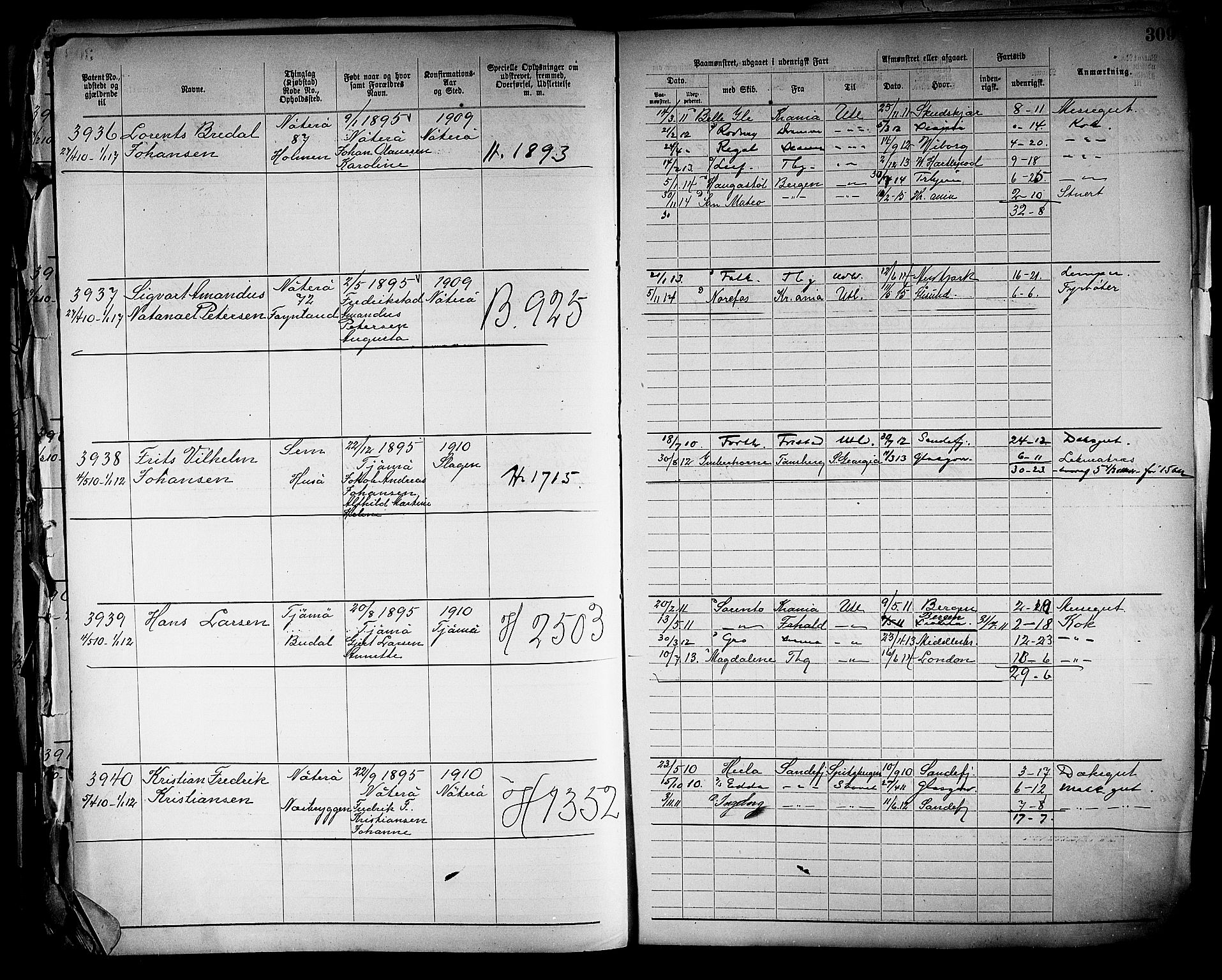 Tønsberg innrulleringskontor, SAKO/A-786/F/Fb/L0005: Annotasjonsrulle Patent nr. 2401-4080, 1904-1910, p. 311