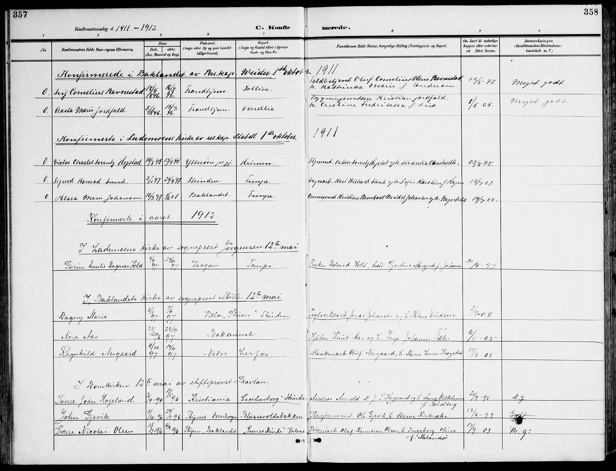 Ministerialprotokoller, klokkerbøker og fødselsregistre - Sør-Trøndelag, AV/SAT-A-1456/607/L0320: Parish register (official) no. 607A04, 1907-1915, p. 357-358