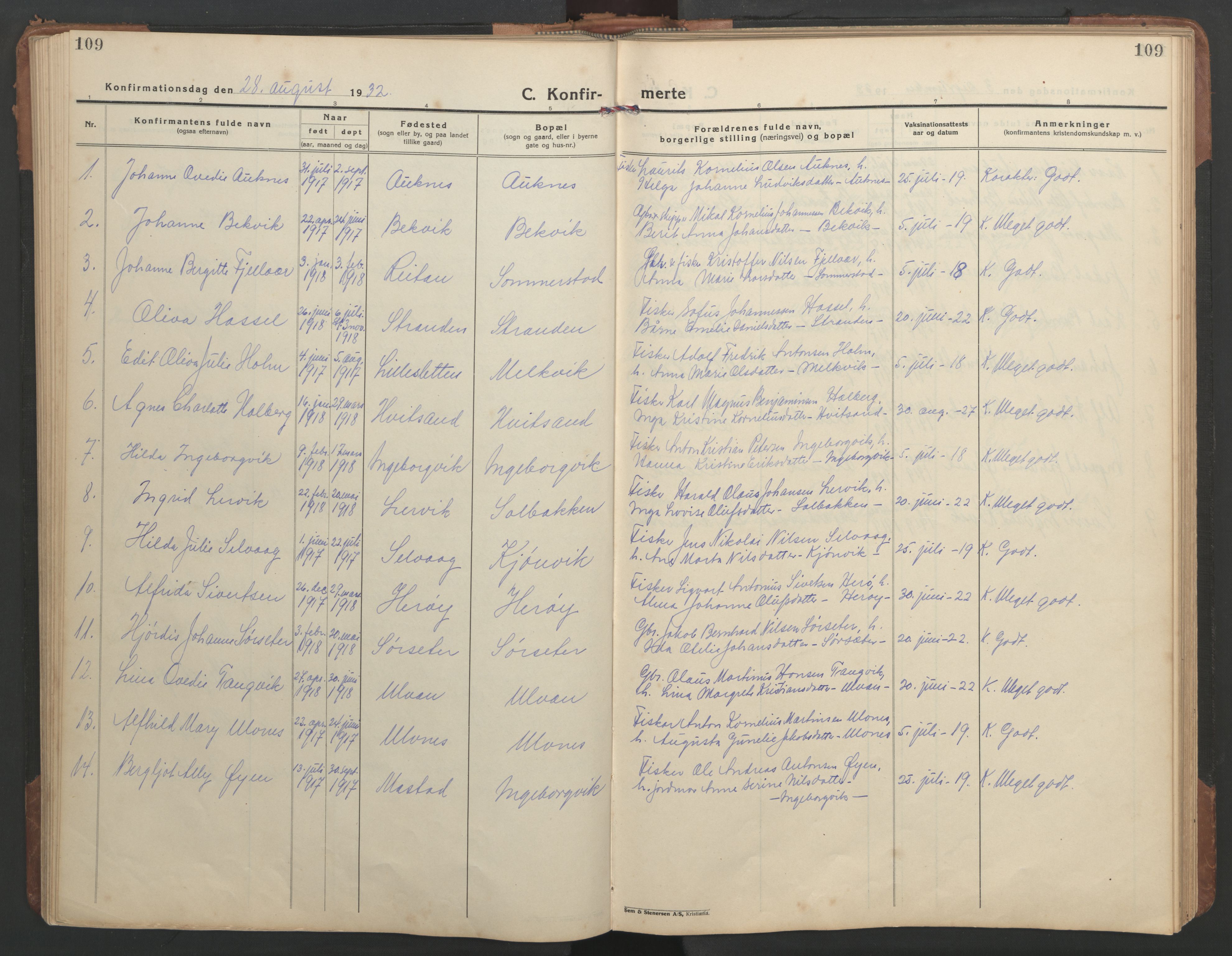 Ministerialprotokoller, klokkerbøker og fødselsregistre - Sør-Trøndelag, AV/SAT-A-1456/638/L0569: Parish register (copy) no. 638C01, 1923-1961, p. 109