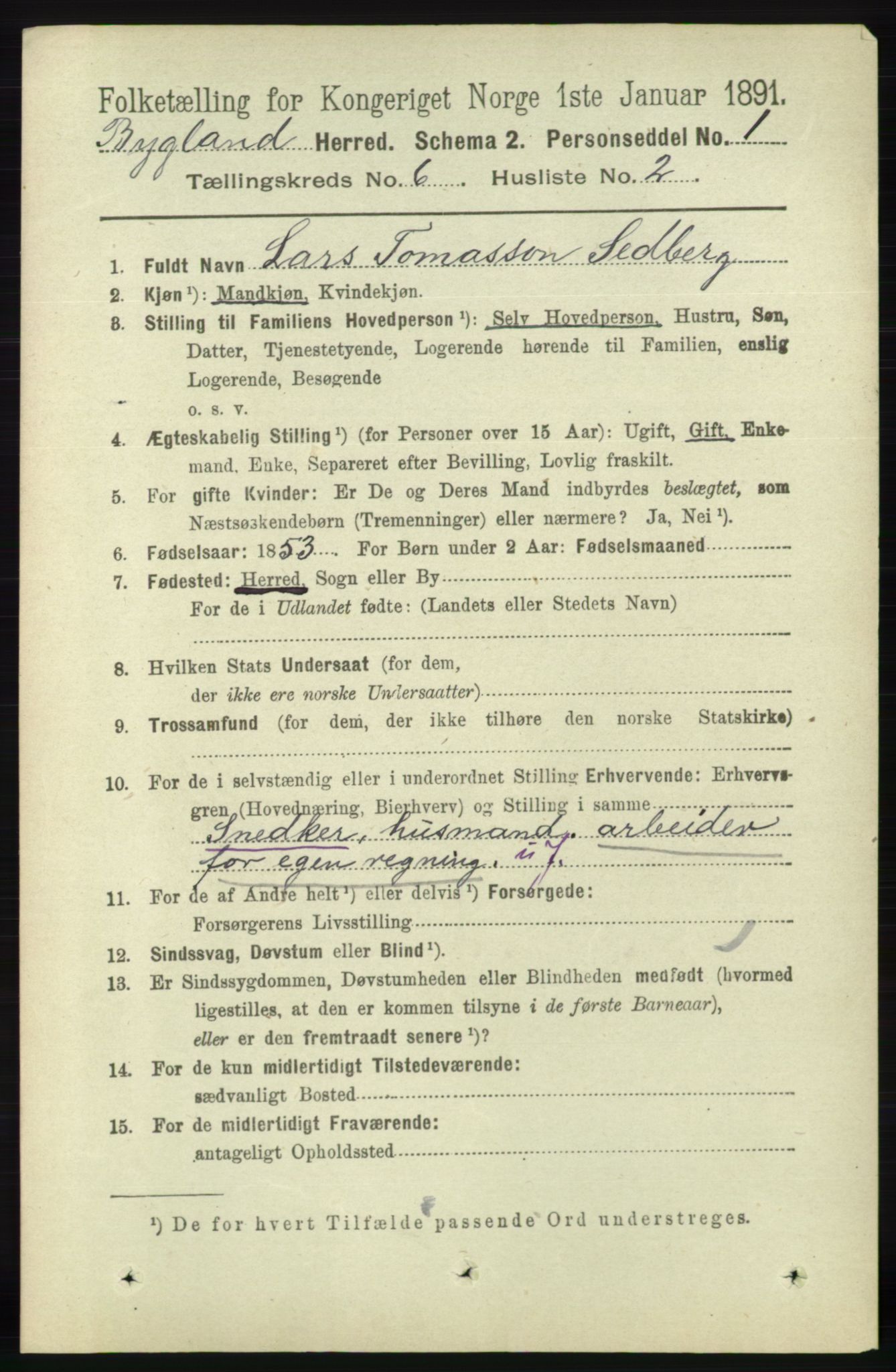 RA, 1891 census for 0938 Bygland, 1891, p. 1342