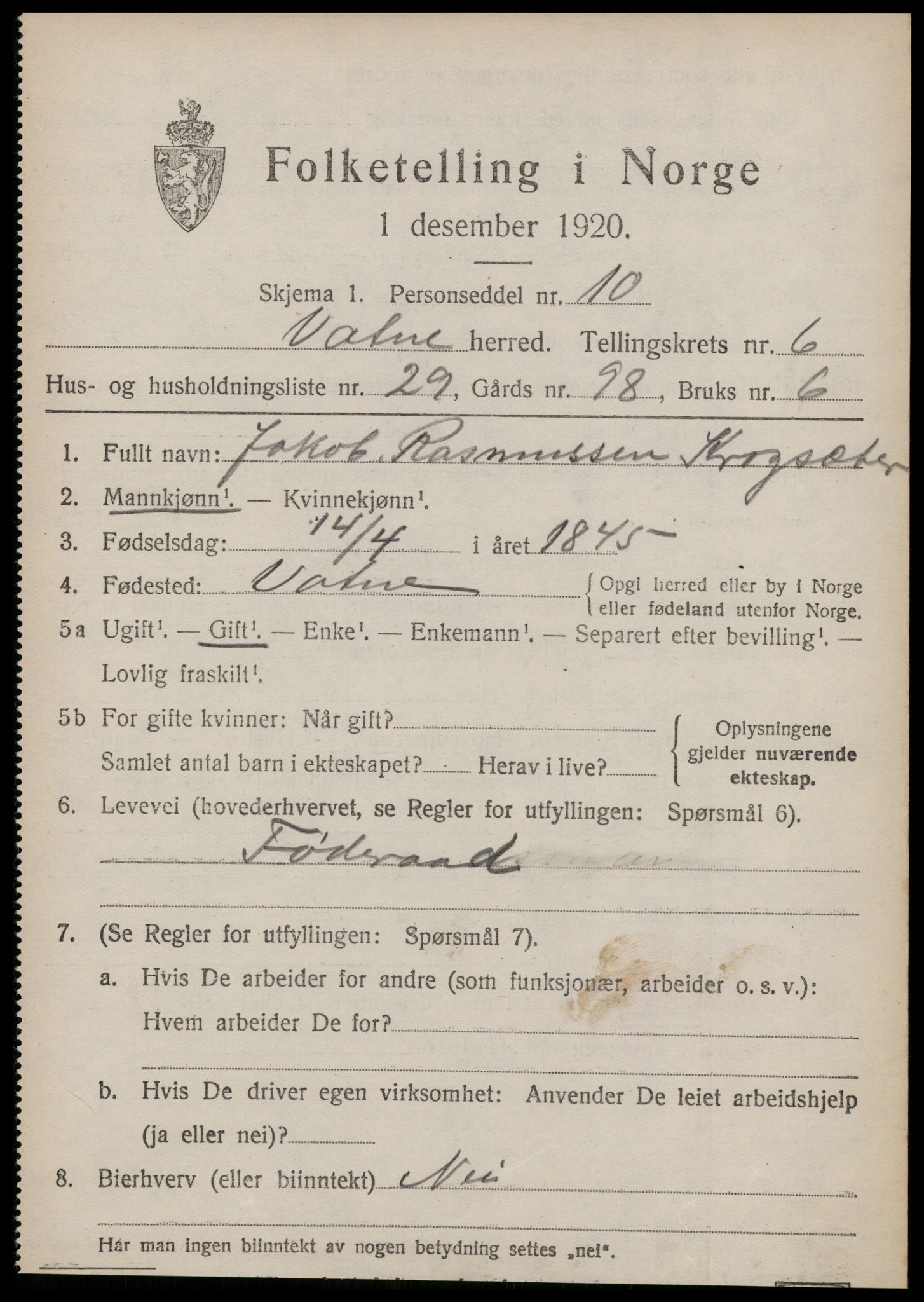 SAT, 1920 census for Vatne, 1920, p. 3114