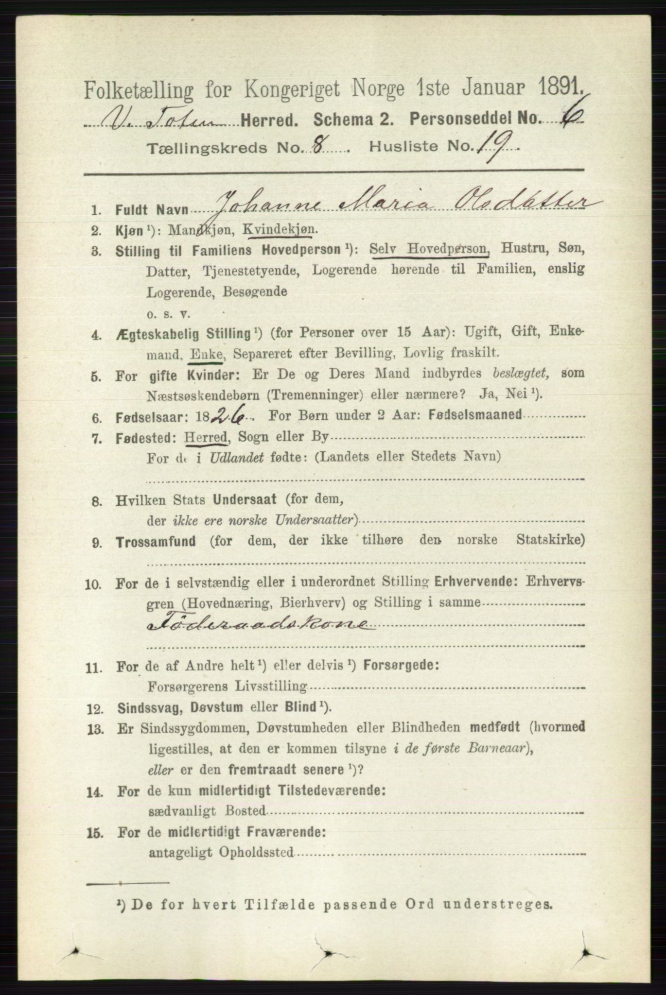 RA, 1891 census for 0529 Vestre Toten, 1891, p. 5111