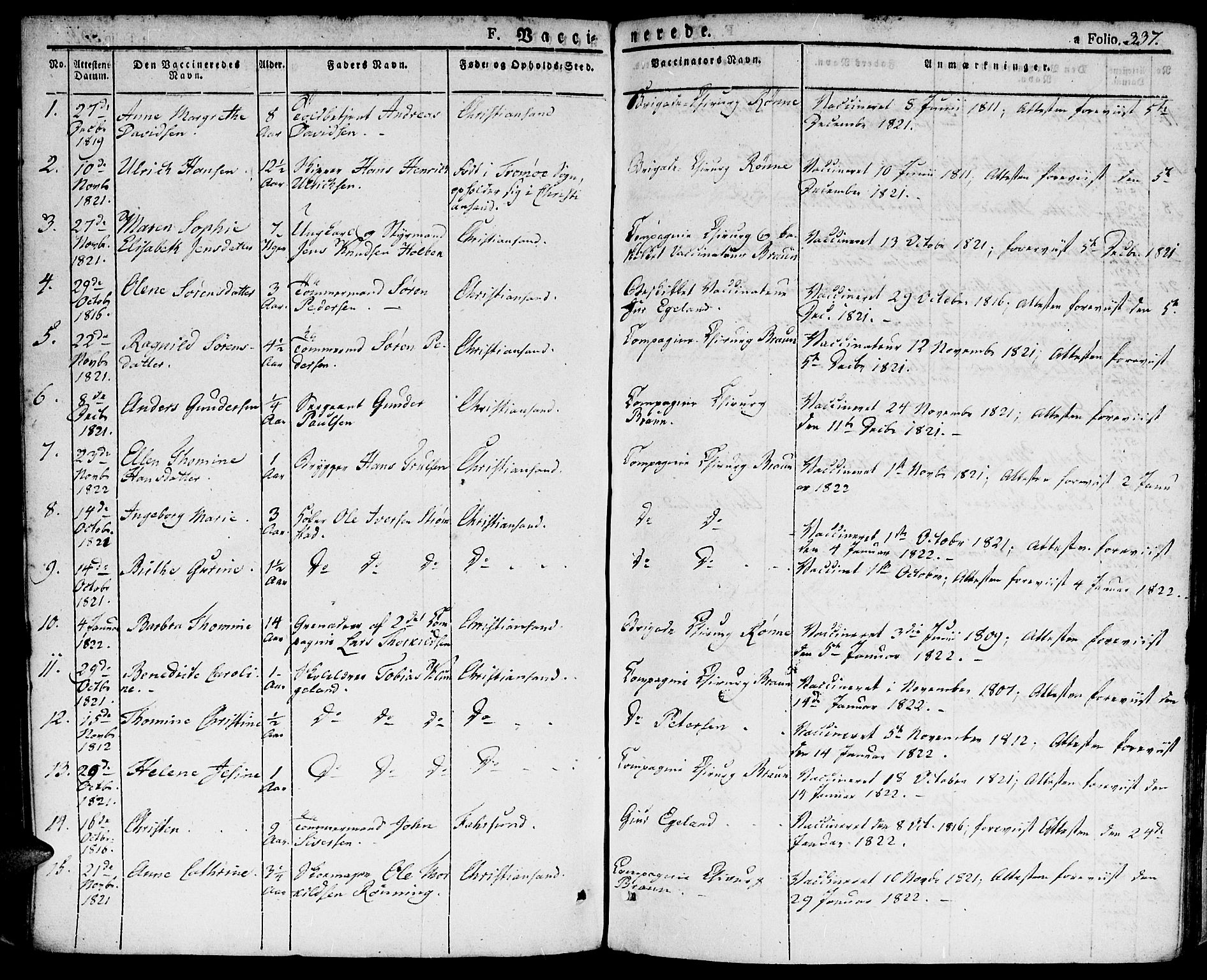 SAK, Kristiansand domprosti, SAK/1112-0006/F/Fa/L0009Parish register (official) no. A 9, 1821-1827, p. 337