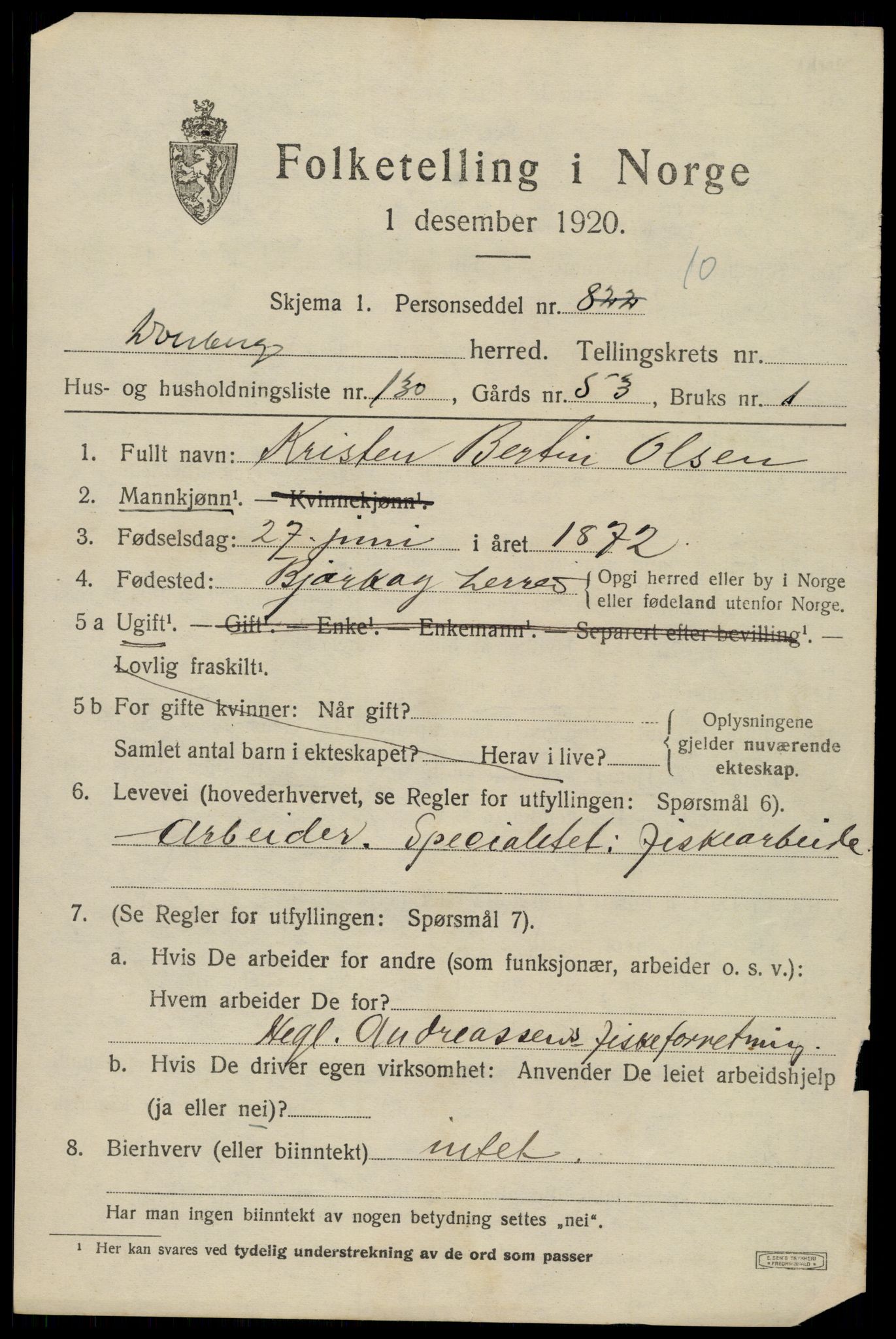 SAT, 1920 census for Dverberg, 1920, p. 5302