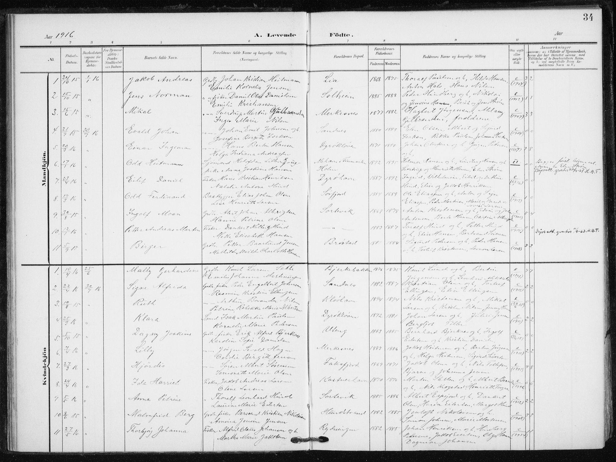 Tranøy sokneprestkontor, SATØ/S-1313/I/Ia/Iaa/L0013kirke: Parish register (official) no. 13, 1905-1922, p. 34