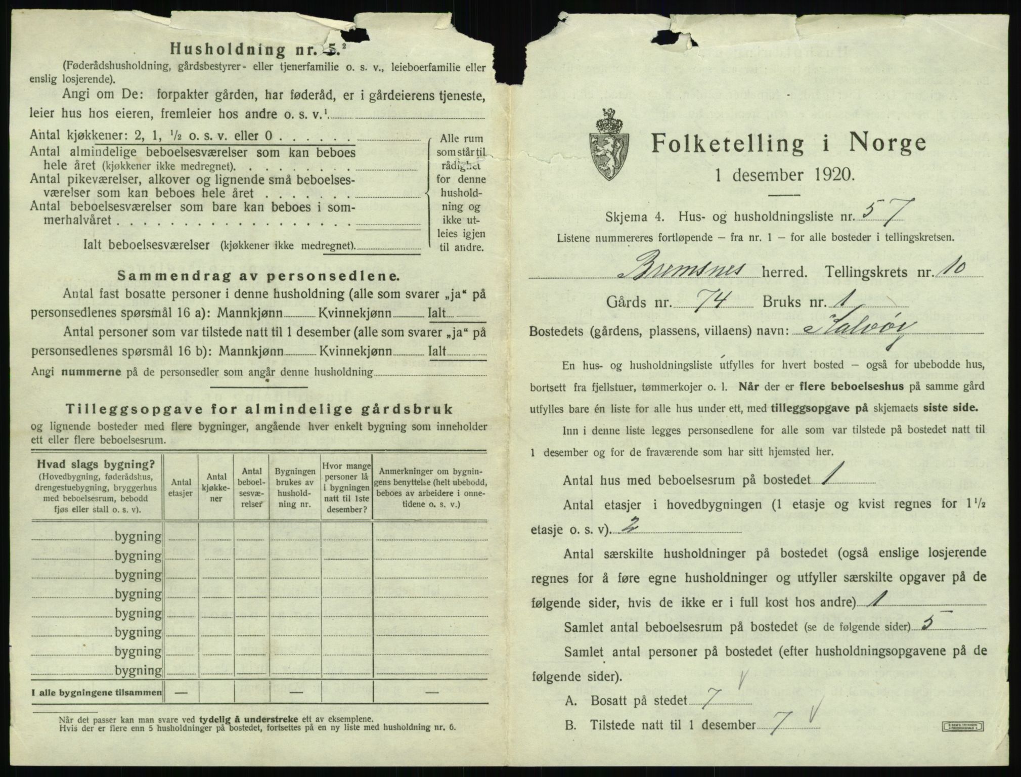 SAT, 1920 census for Bremsnes, 1920, p. 1279