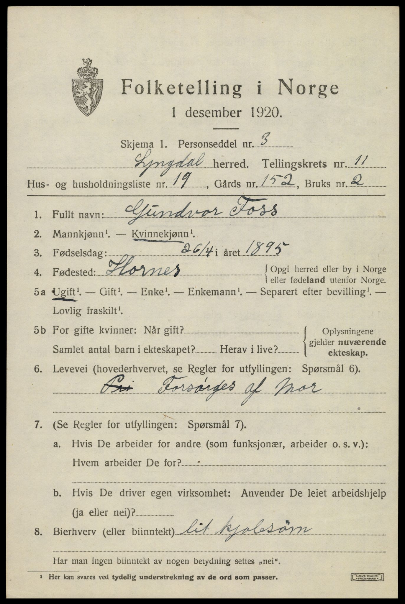 SAK, 1920 census for Lyngdal, 1920, p. 5487