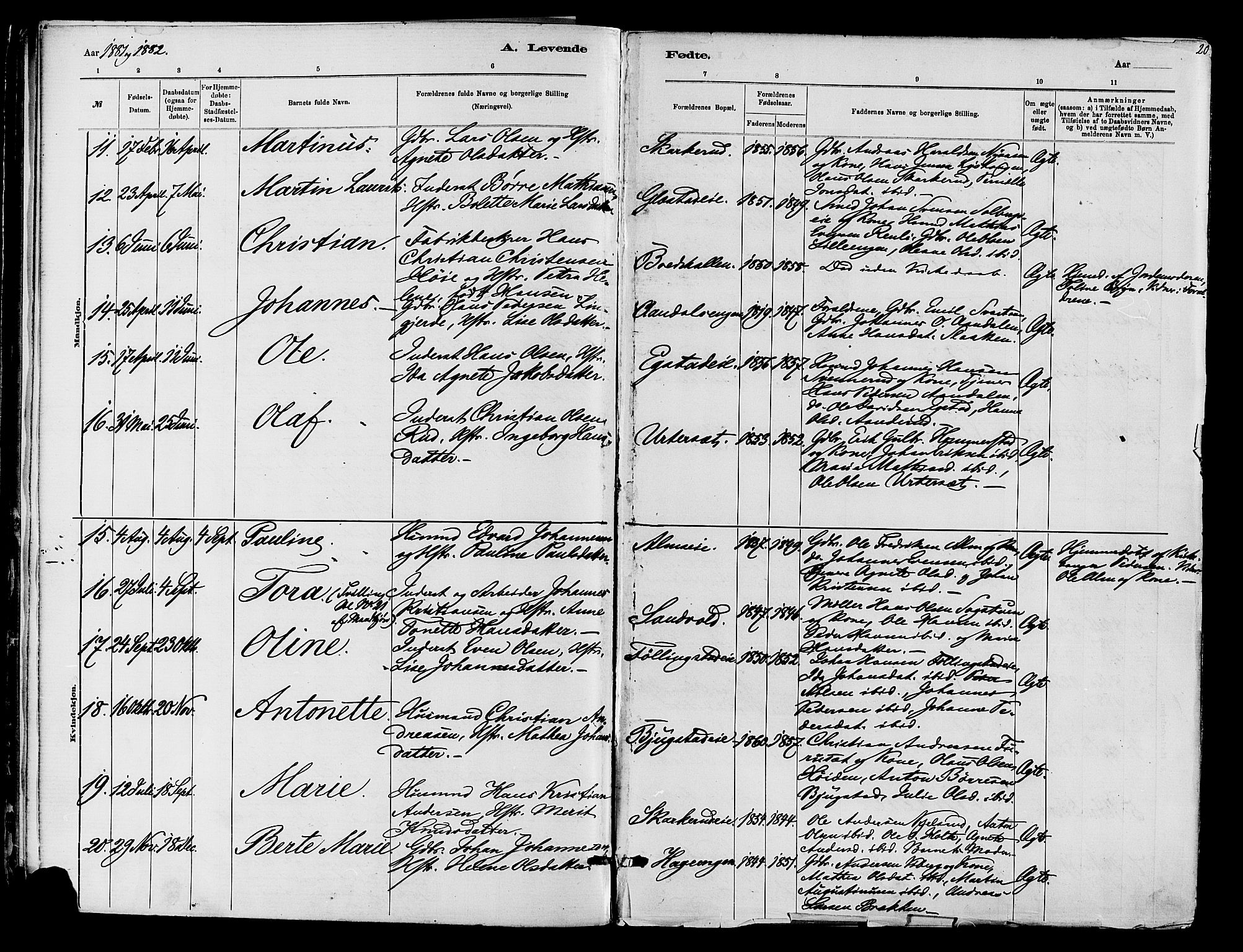 Vardal prestekontor, SAH/PREST-100/H/Ha/Haa/L0010: Parish register (official) no. 10, 1878-1893, p. 20