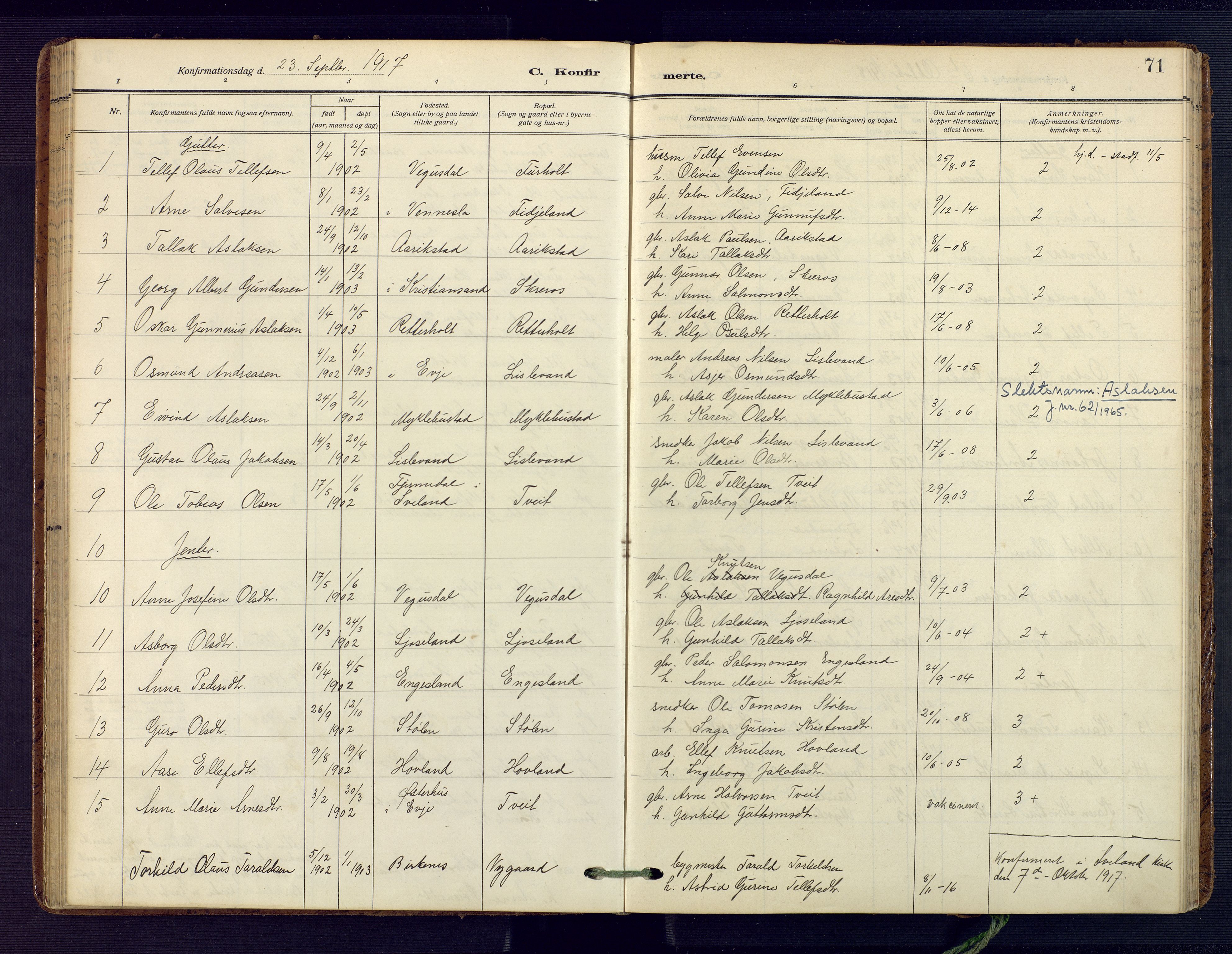 Herefoss sokneprestkontor, AV/SAK-1111-0019/F/Fa/Fab/L0005: Parish register (official) no. A 5, 1910-1932, p. 71