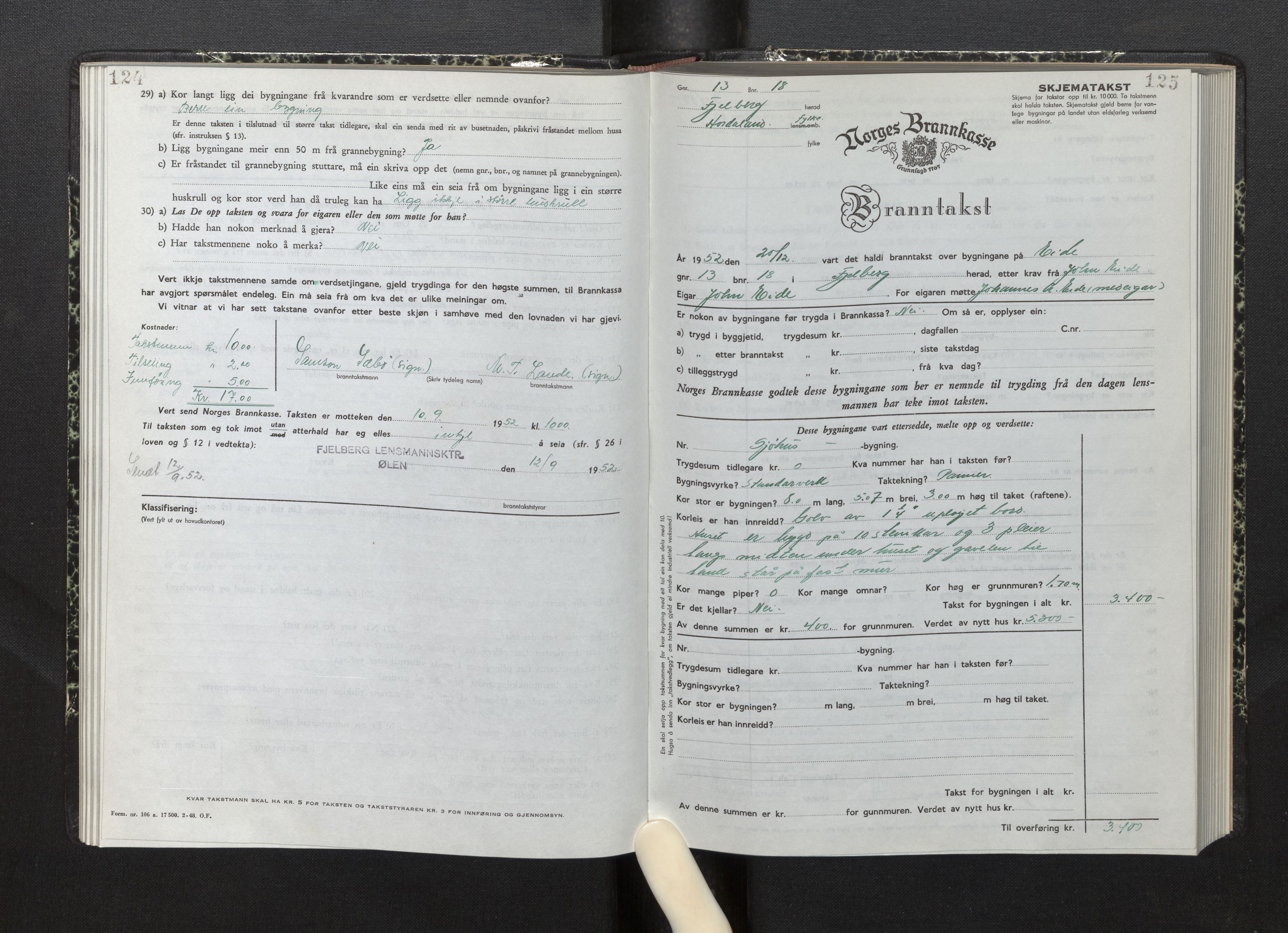 Lensmannen i Fjelberg, AV/SAB-A-32101/0012/L0008: Branntakstprotokoll, skjematakst, 1949-1955, p. 124-125