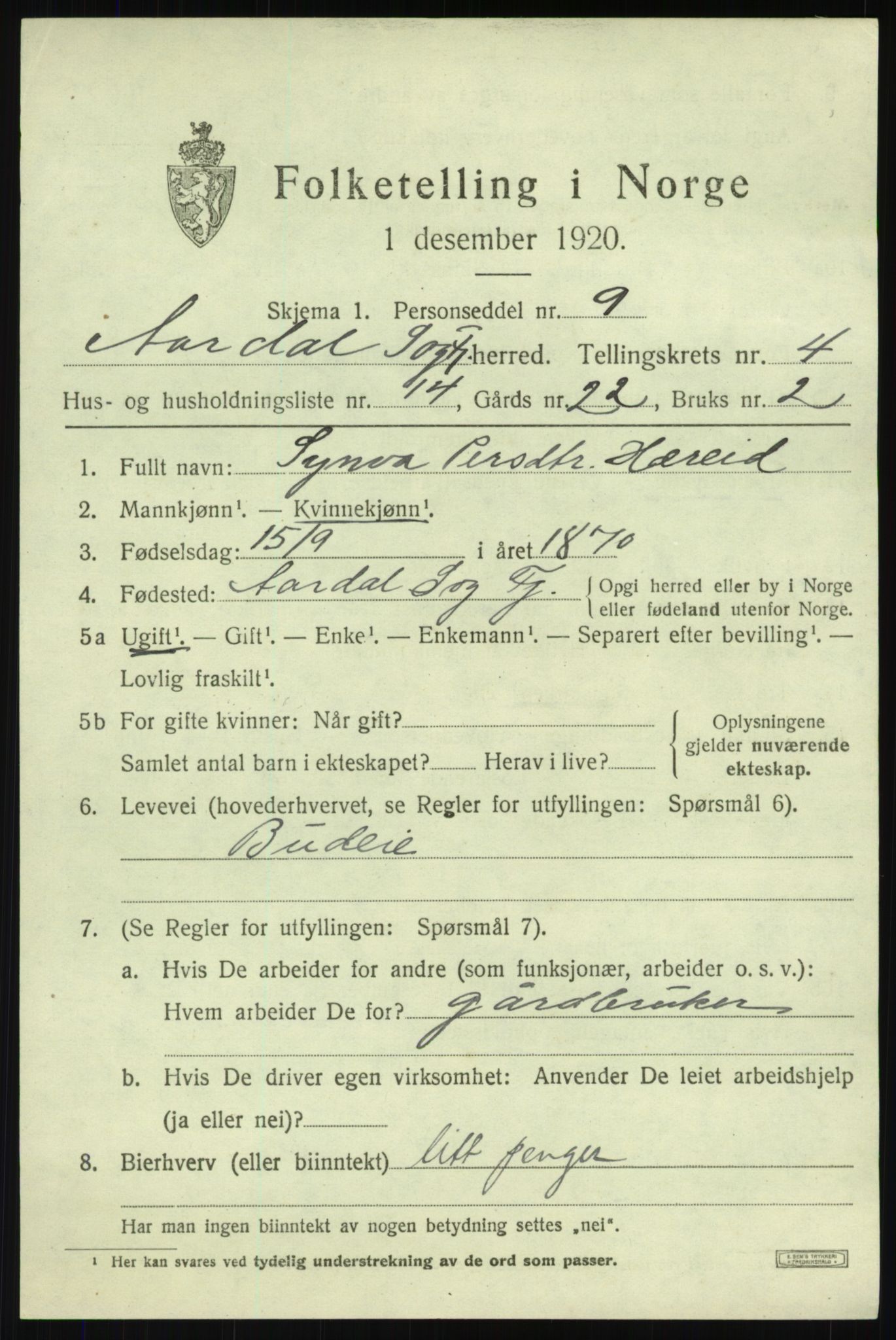 SAB, 1920 census for Årdal, 1920, p. 2777