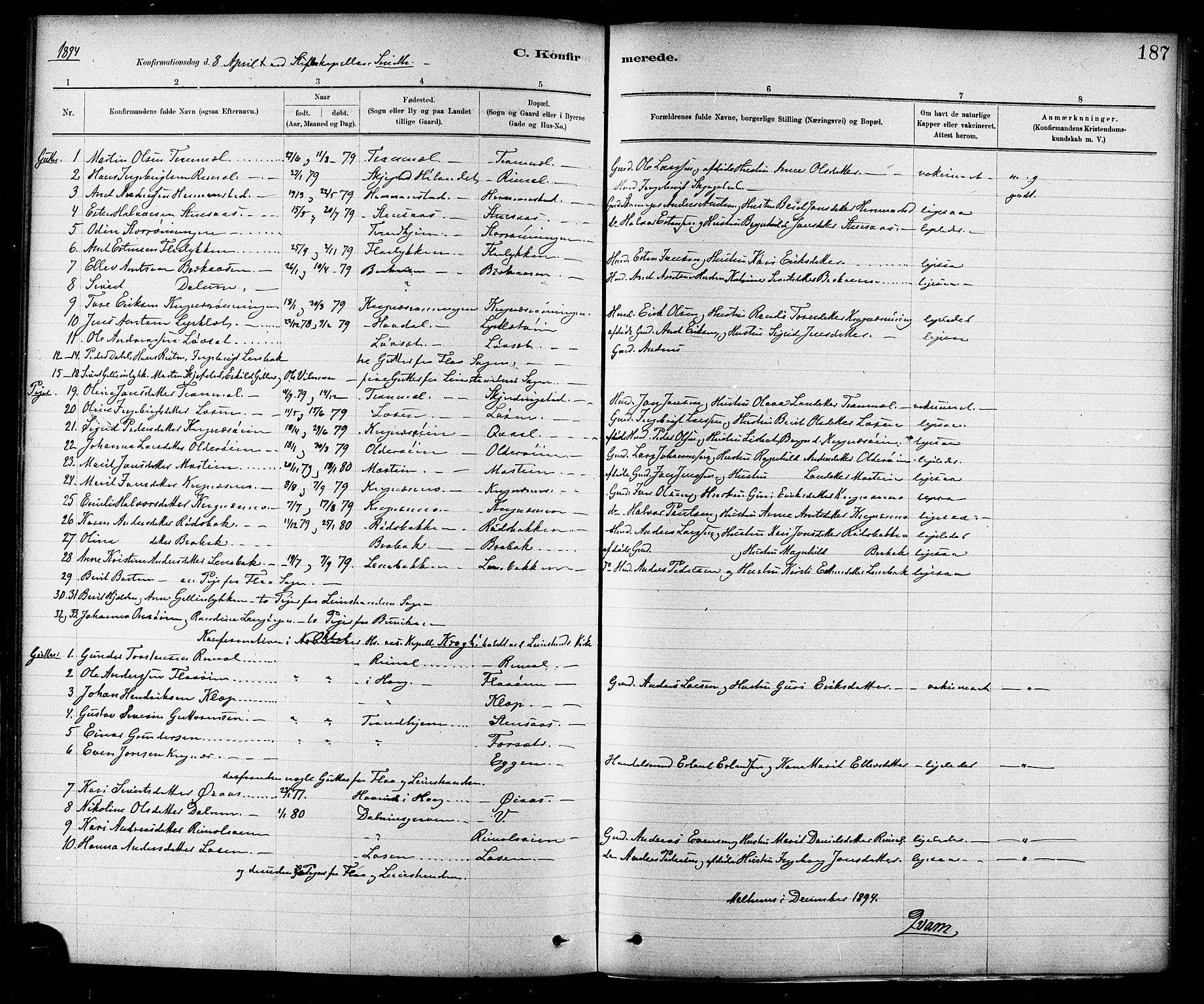 Ministerialprotokoller, klokkerbøker og fødselsregistre - Sør-Trøndelag, SAT/A-1456/691/L1094: Parish register (copy) no. 691C05, 1879-1911, p. 187