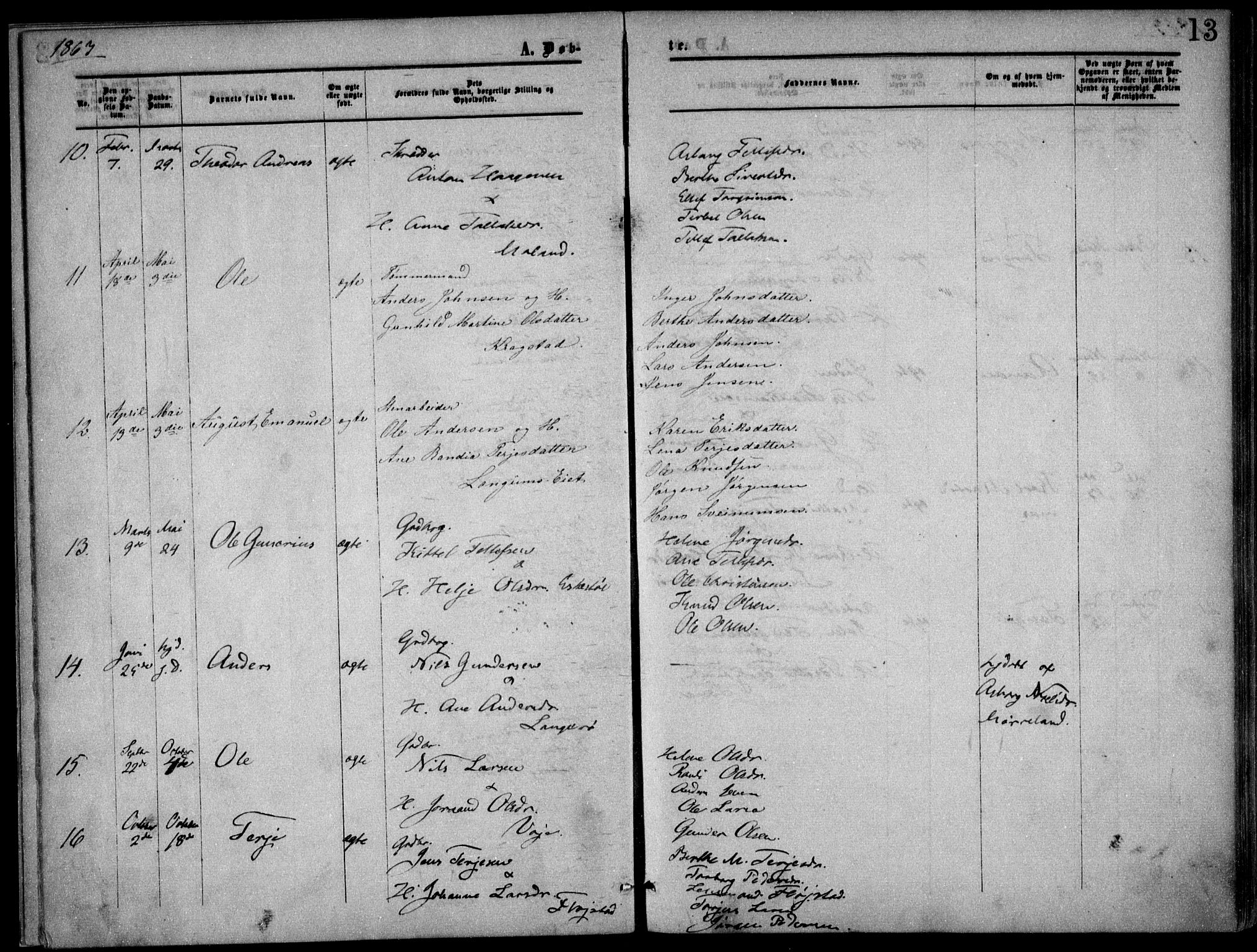 Austre Moland sokneprestkontor, SAK/1111-0001/F/Fa/Faa/L0008: Parish register (official) no. A 8, 1858-1868, p. 13