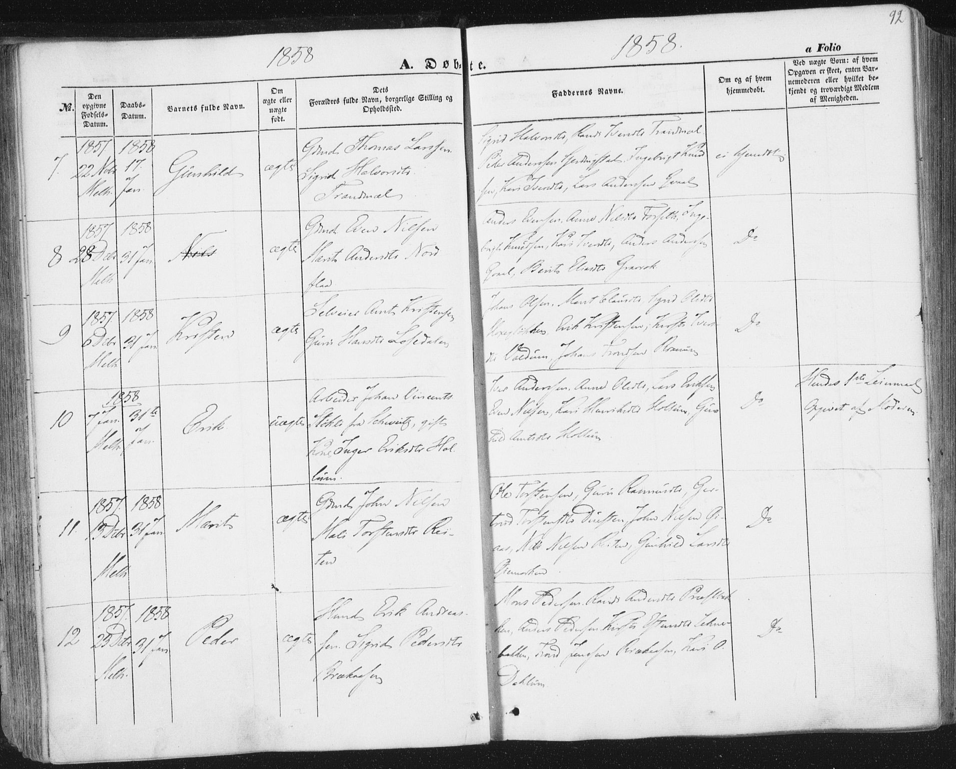 Ministerialprotokoller, klokkerbøker og fødselsregistre - Sør-Trøndelag, SAT/A-1456/691/L1076: Parish register (official) no. 691A08, 1852-1861, p. 92