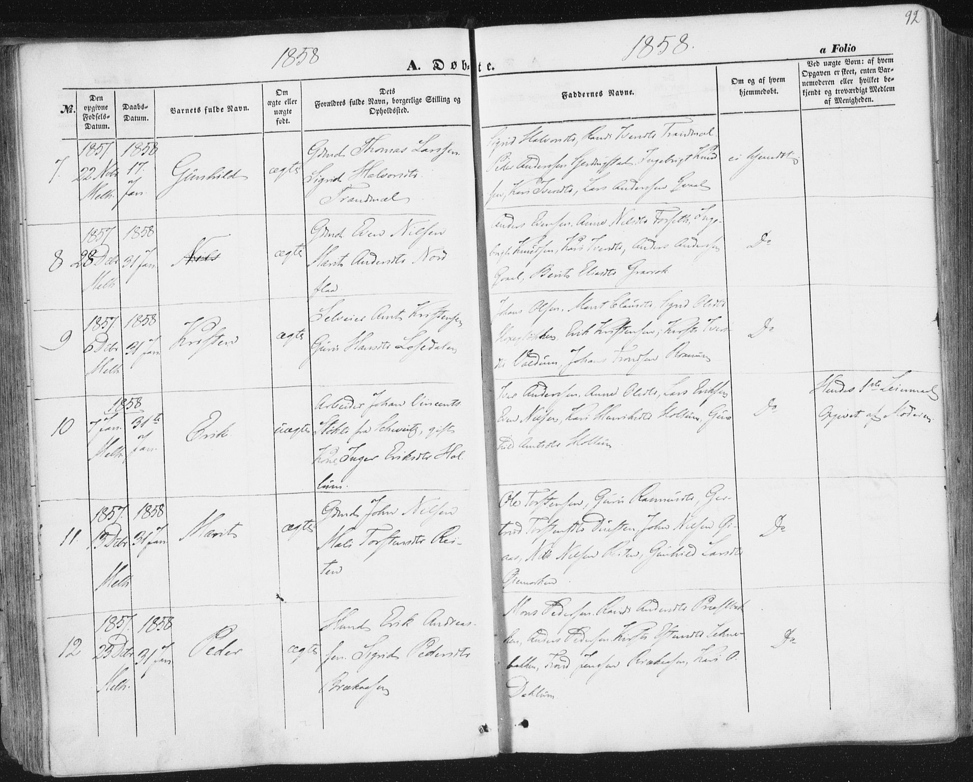 Ministerialprotokoller, klokkerbøker og fødselsregistre - Sør-Trøndelag, AV/SAT-A-1456/691/L1076: Parish register (official) no. 691A08, 1852-1861, p. 92