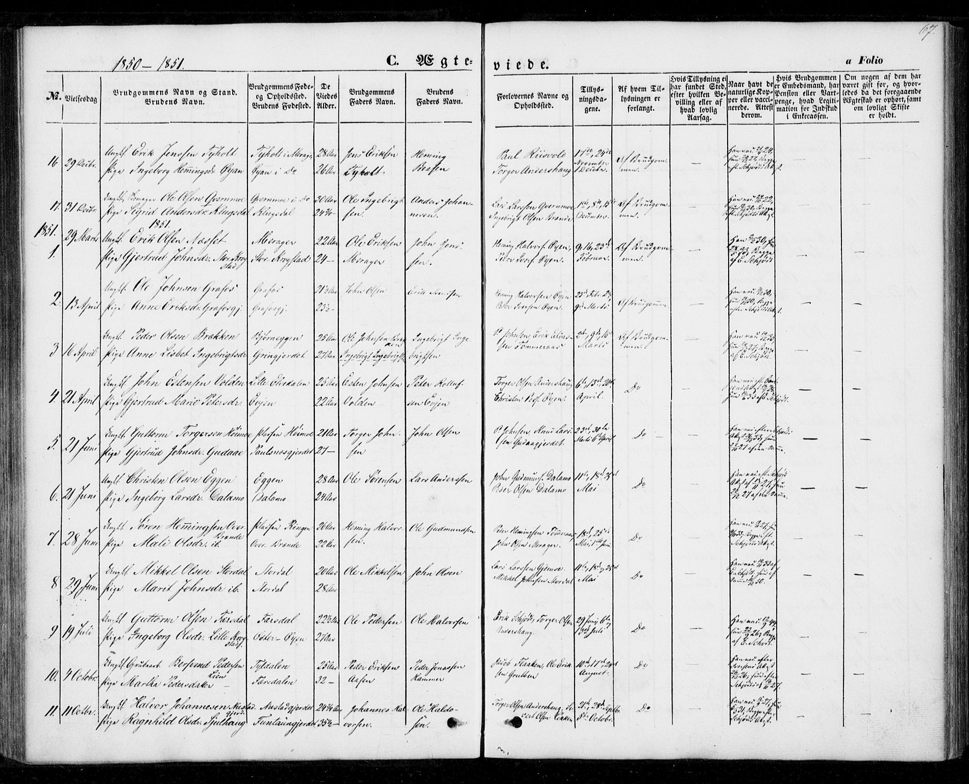 Ministerialprotokoller, klokkerbøker og fødselsregistre - Nord-Trøndelag, SAT/A-1458/706/L0040: Parish register (official) no. 706A01, 1850-1861, p. 67