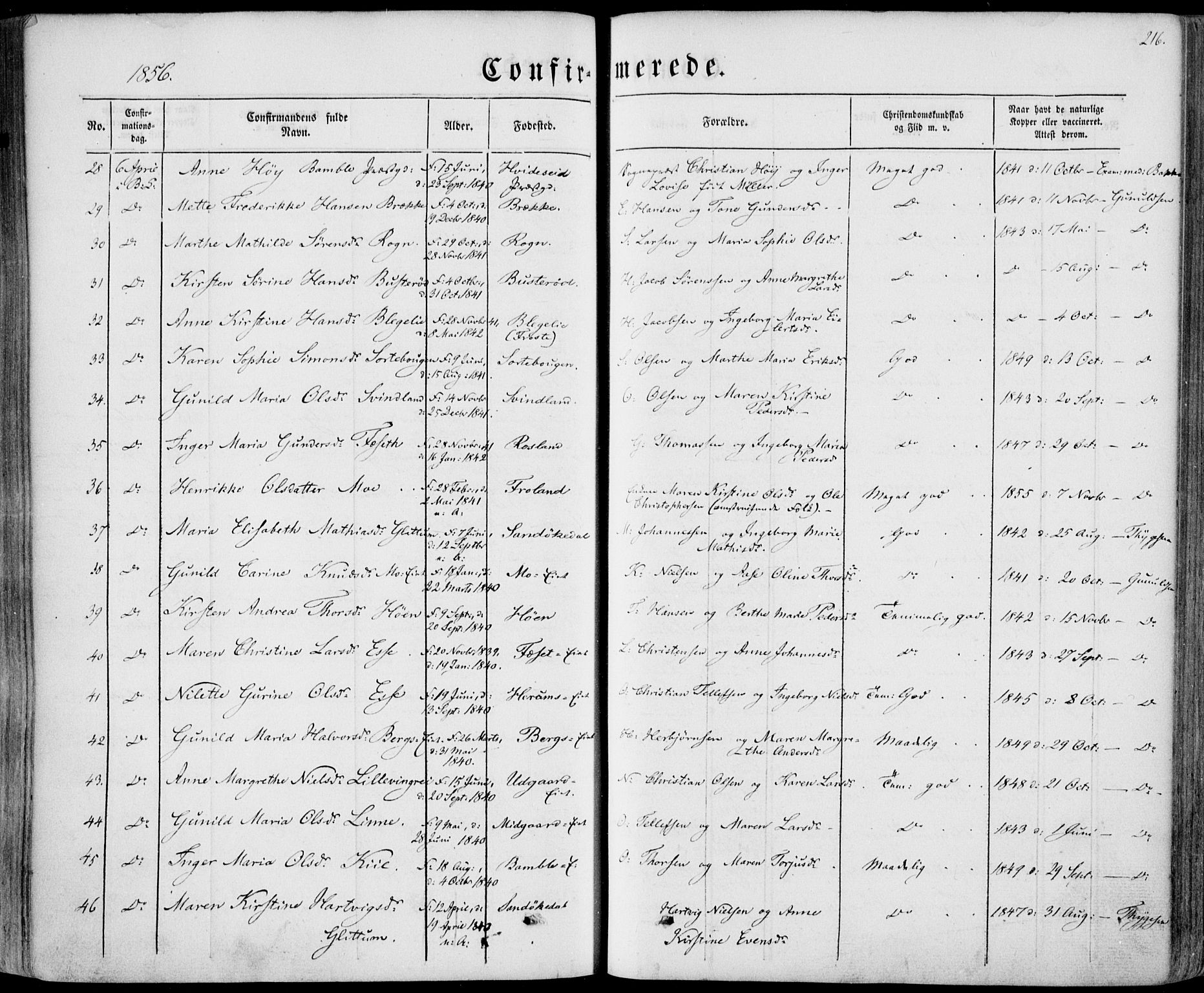 Bamble kirkebøker, AV/SAKO-A-253/F/Fa/L0005: Parish register (official) no. I 5, 1854-1869, p. 216