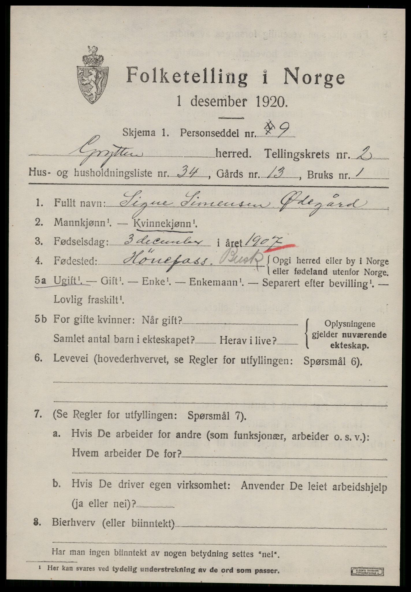 SAT, 1920 census for Grytten, 1920, p. 2210