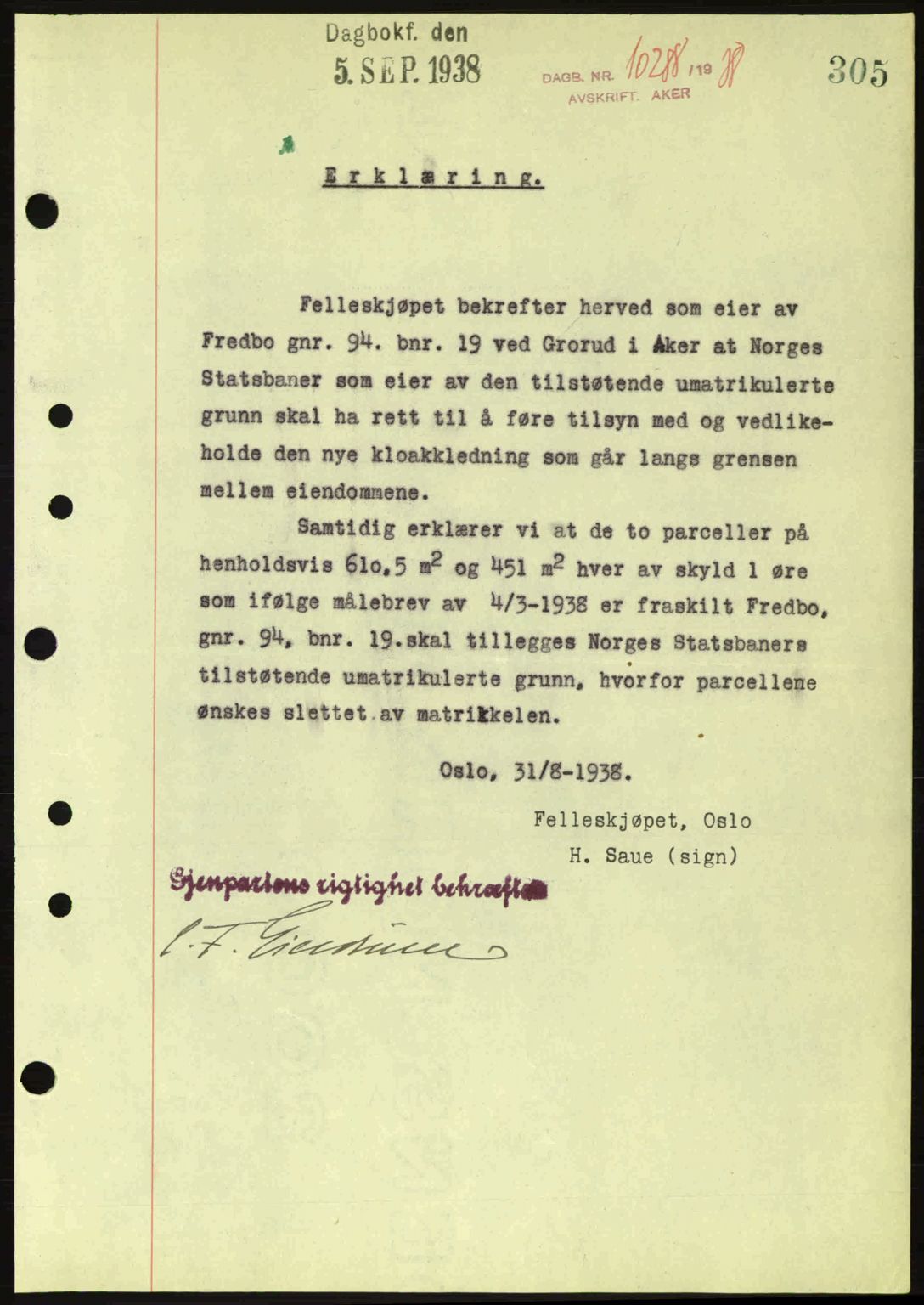 Aker herredsskriveri, SAO/A-10896/G/Gb/Gba/Gbab/L0025: Mortgage book no. A154-155, 1938-1938, Diary no: : 10288/1938