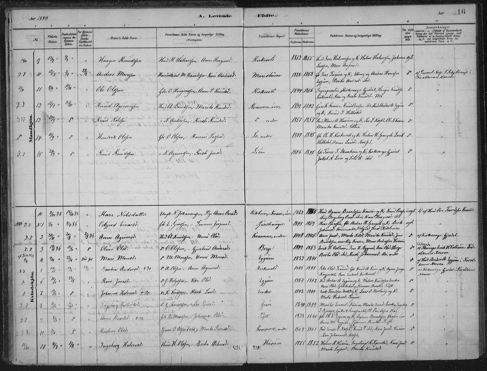 Lærdal sokneprestembete, AV/SAB-A-81201: Parish register (official) no. C  1, 1878-1911, p. 16