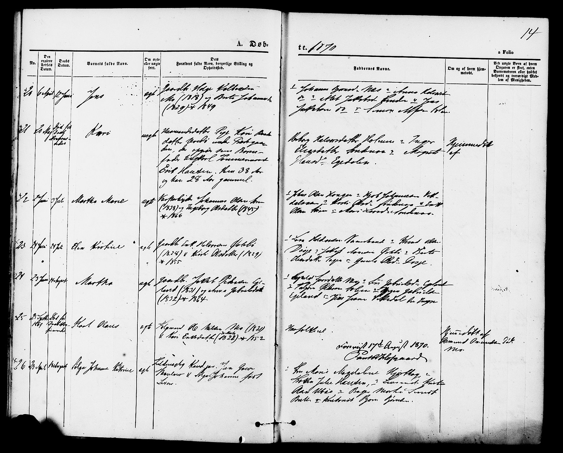 Vikedal sokneprestkontor, AV/SAST-A-101840/01/IV: Parish register (official) no. A 7, 1868-1883, p. 14