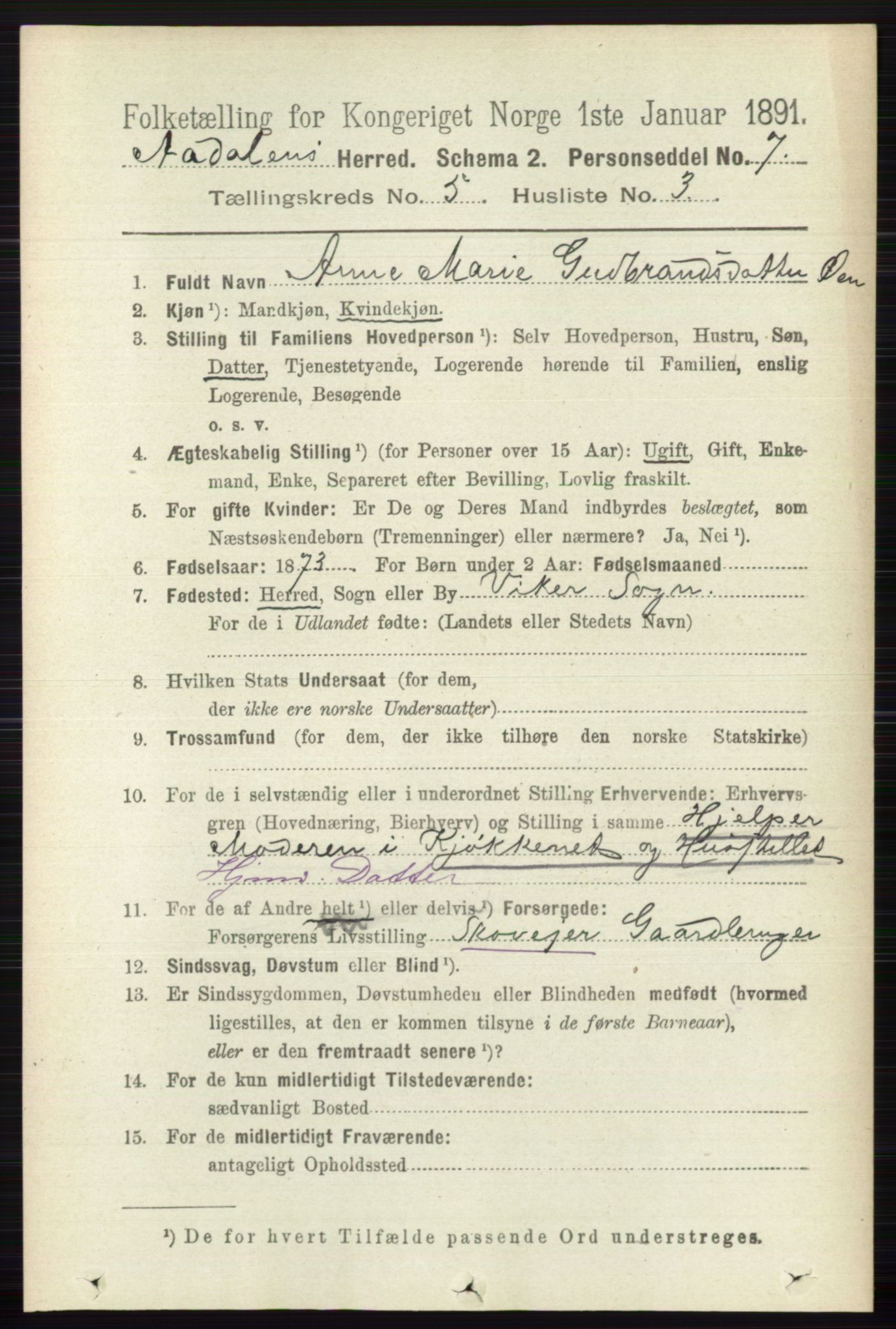 RA, 1891 census for 0614 Ådal, 1891, p. 2031