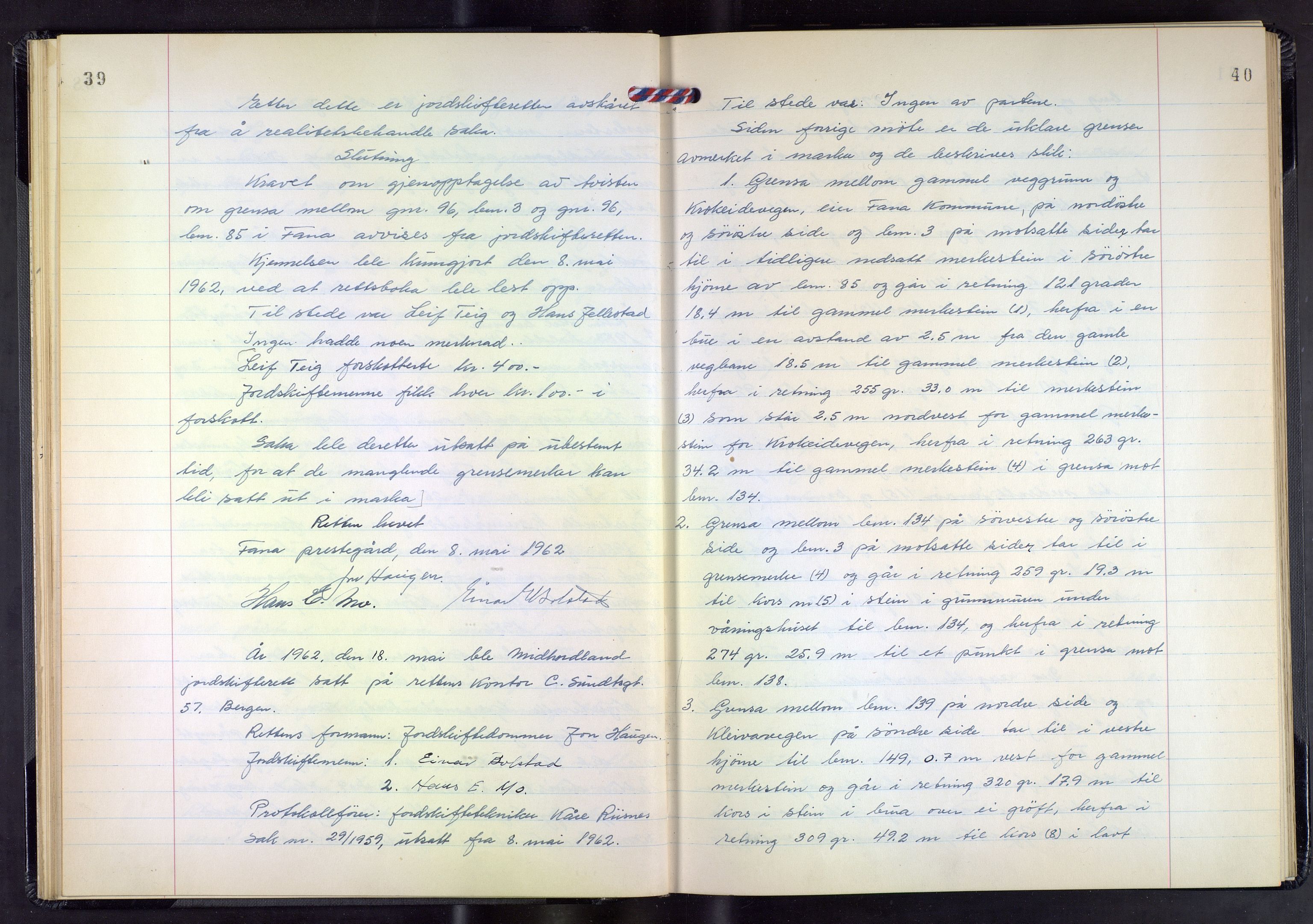 Hordaland jordskiftedøme - III Midhordland jordskiftedistrikt, AV/SAB-A-7001/A/Aa/L0034: Forhandlingsprotokoll, 1961-1967, p. 39-40