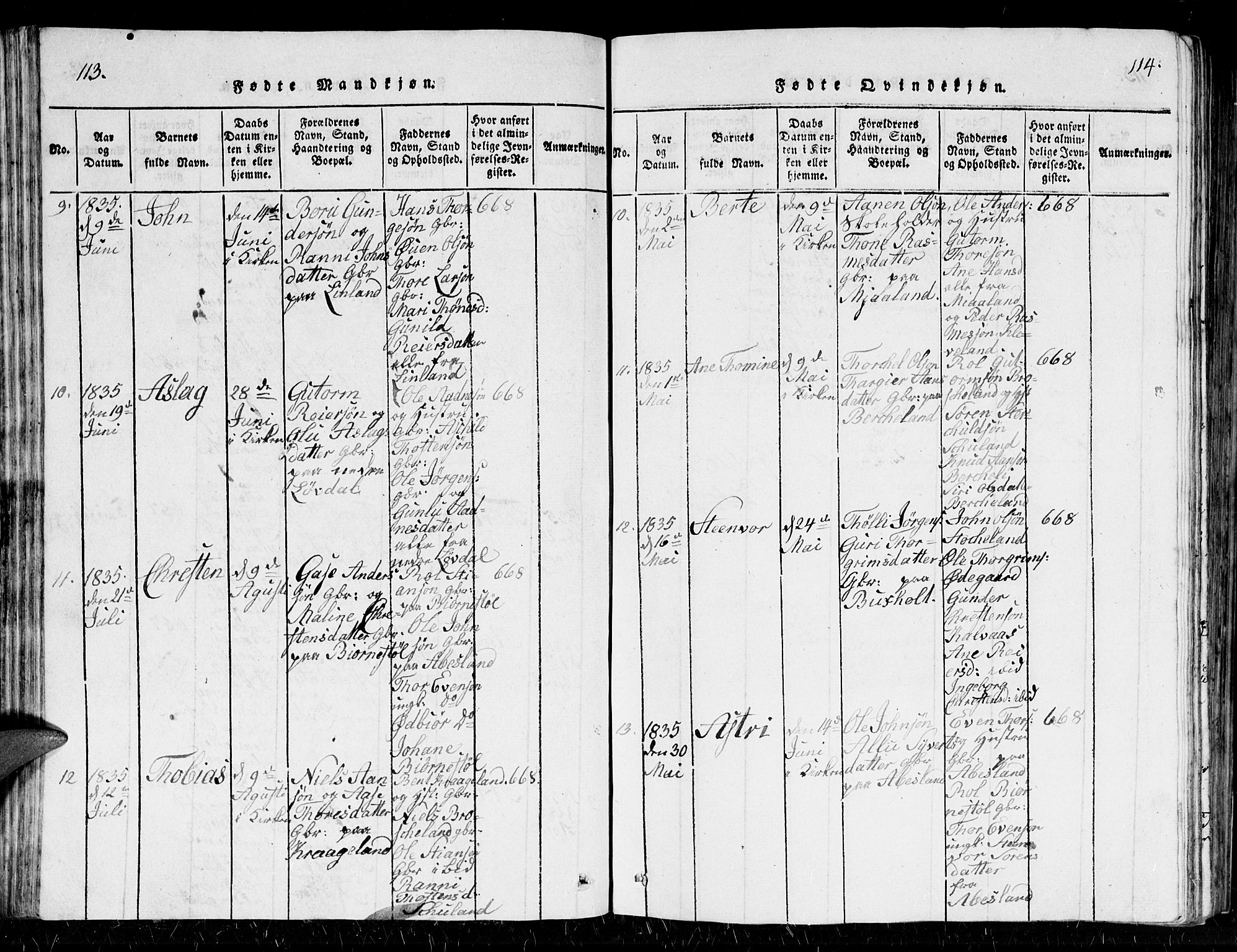 Holum sokneprestkontor, AV/SAK-1111-0022/F/Fb/Fbb/L0001: Parish register (copy) no. B 1, 1820-1847, p. 113-114