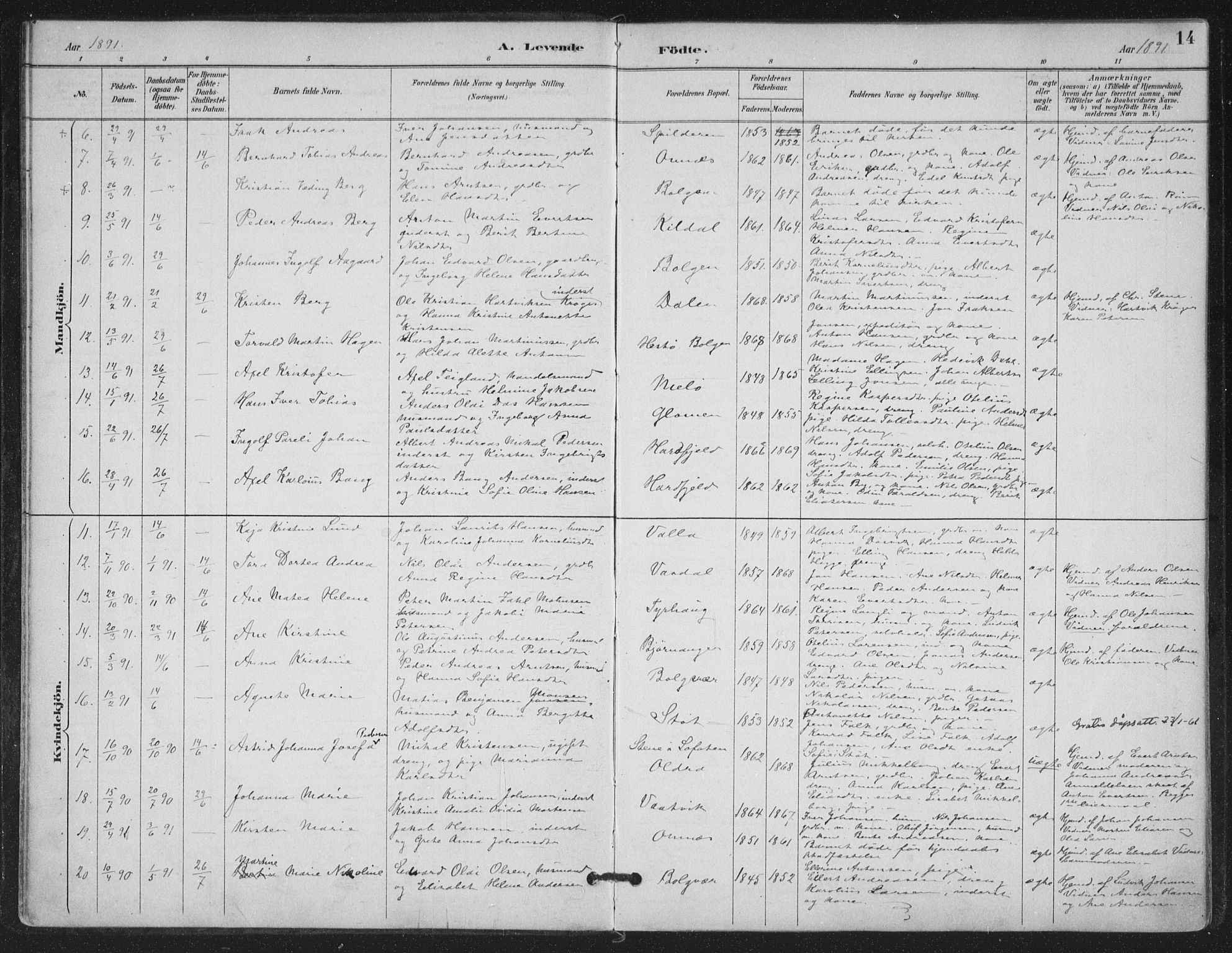 Ministerialprotokoller, klokkerbøker og fødselsregistre - Nordland, SAT/A-1459/843/L0628: Parish register (official) no. 843A03, 1889-1907, p. 14