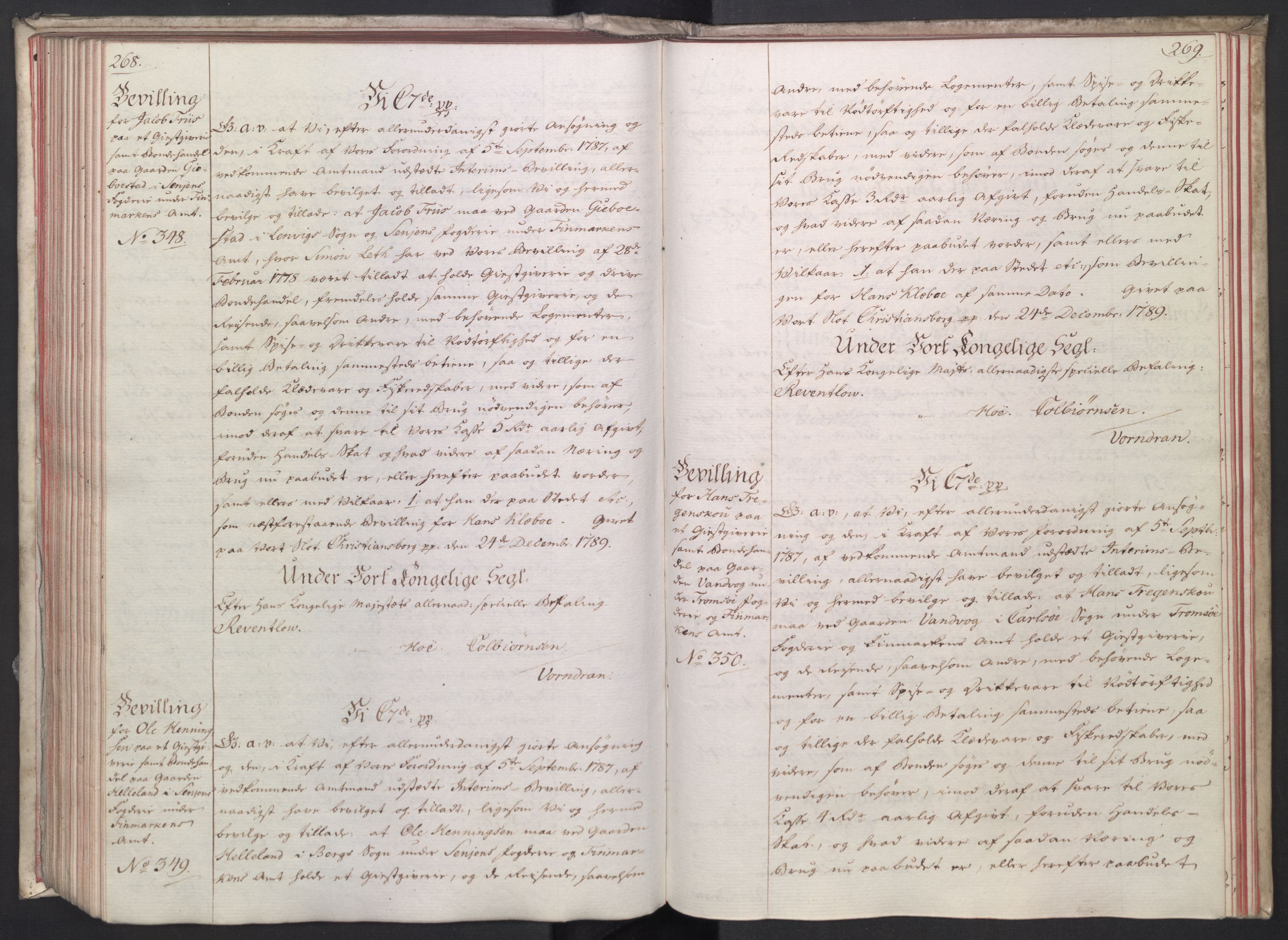 Rentekammeret, Kammerkanselliet, RA/EA-3111/G/Gg/Gga/L0014: Norsk ekspedisjonsprotokoll med register (merket RK 53.14), 1787-1790, p. 268-269