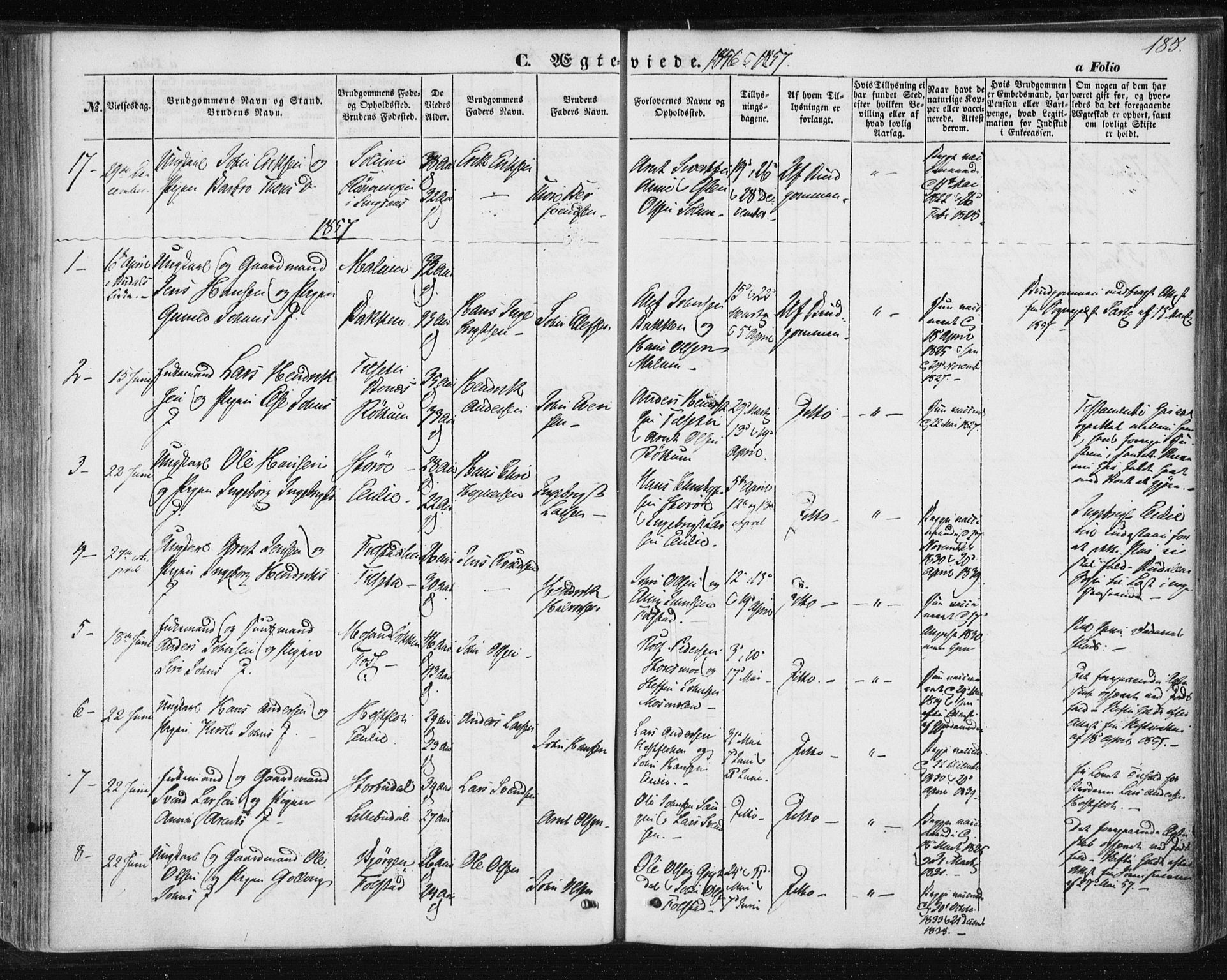 Ministerialprotokoller, klokkerbøker og fødselsregistre - Sør-Trøndelag, SAT/A-1456/687/L1000: Parish register (official) no. 687A06, 1848-1869, p. 185