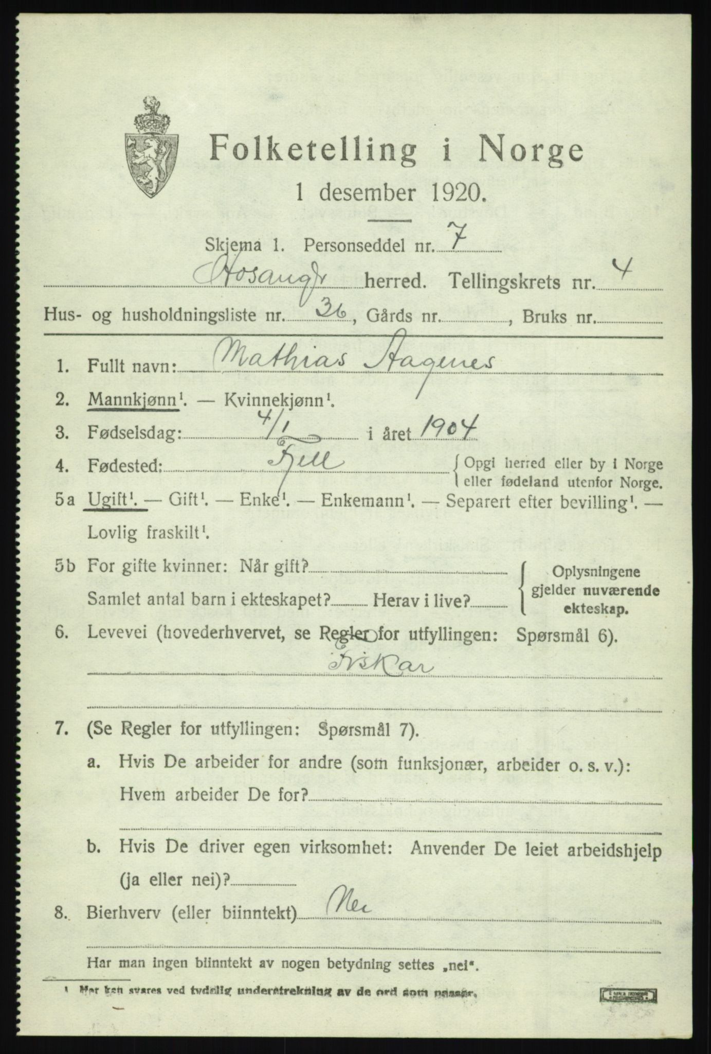 SAB, 1920 census for Hosanger, 1920, p. 2319