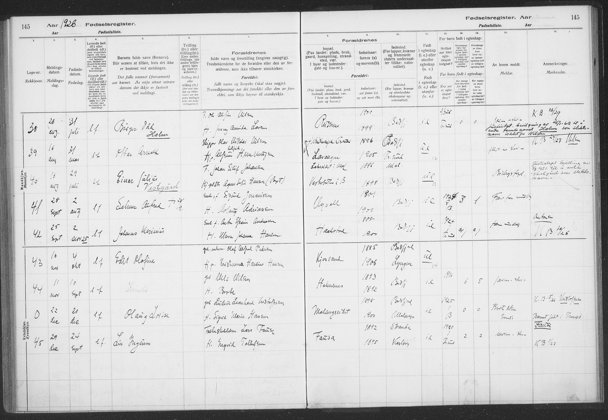 Balsfjord sokneprestembete, AV/SATØ-S-1303/H/Hb/L0059: Birth register no. 59, 1916-1930, p. 145