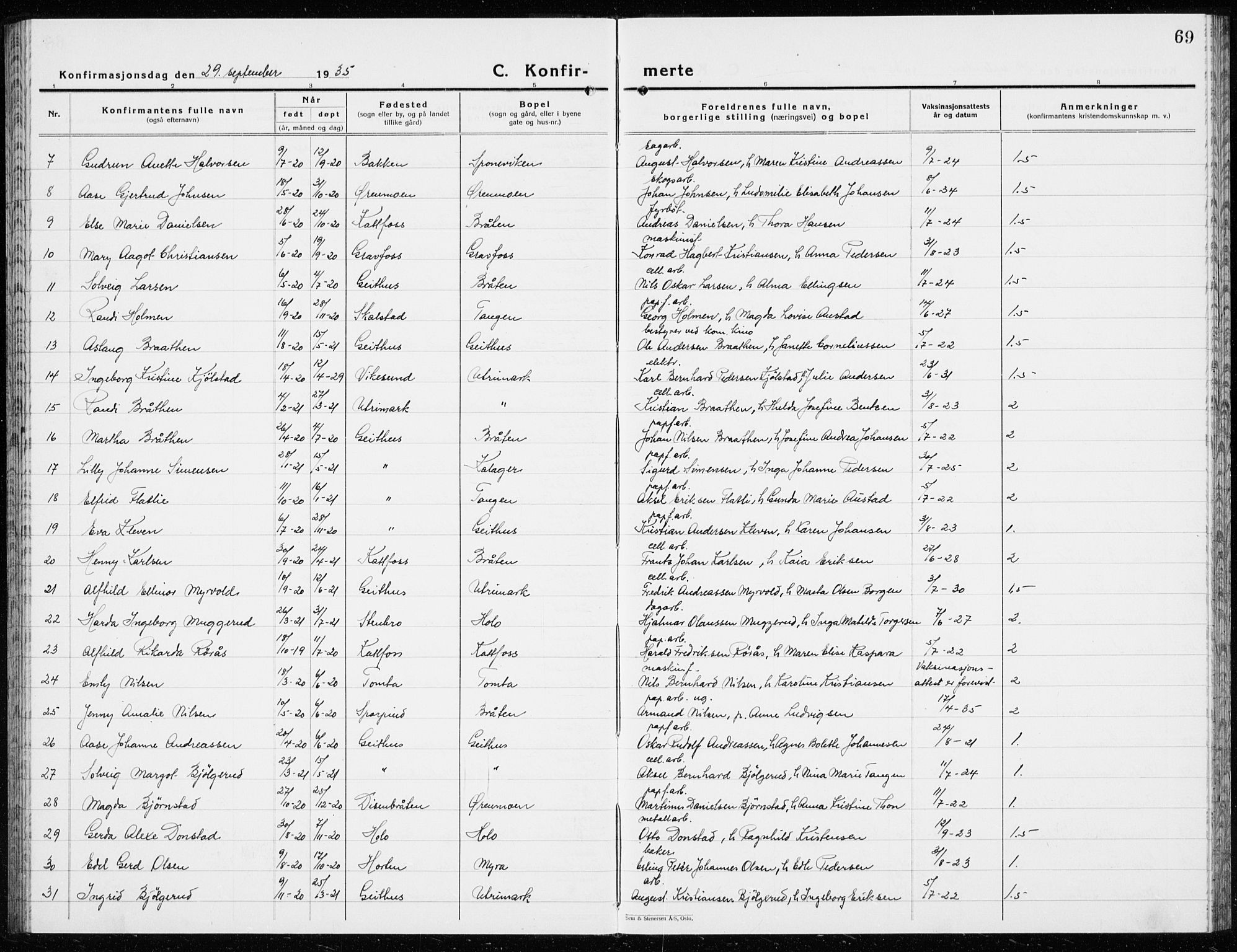 Modum kirkebøker, AV/SAKO-A-234/G/Ga/L0013: Parish register (copy) no. I 13, 1925-1938, p. 69